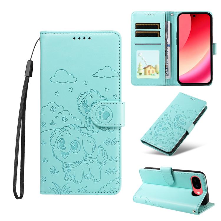 For Google Pixel 11a Embossed Heart Dog RFID Blocking Wallet Leather Phone Case(Green) SUNSKY