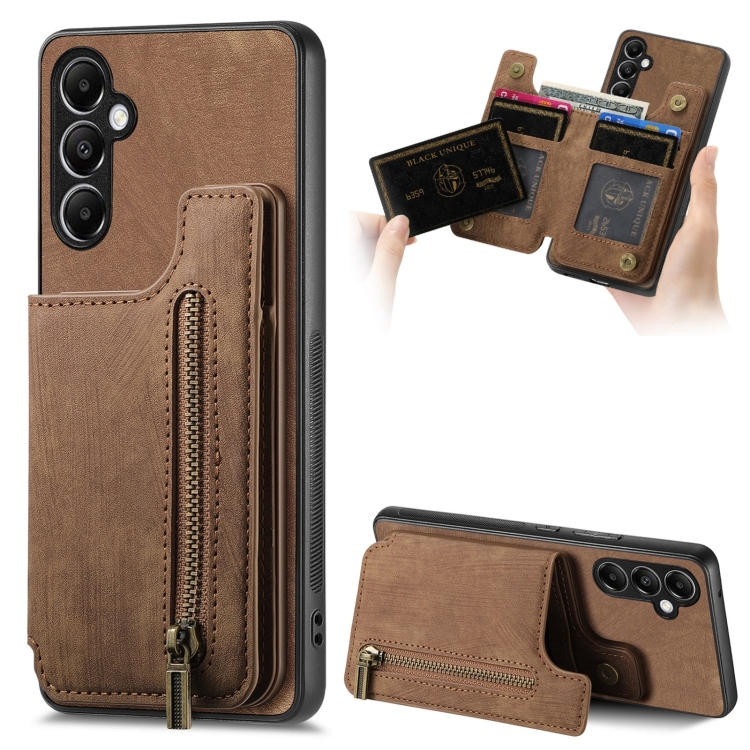 For Samsung Galaxy S23 FE 5G Retro Leather Zipper Wallet Back Phone Case(Brown) SUNSKY