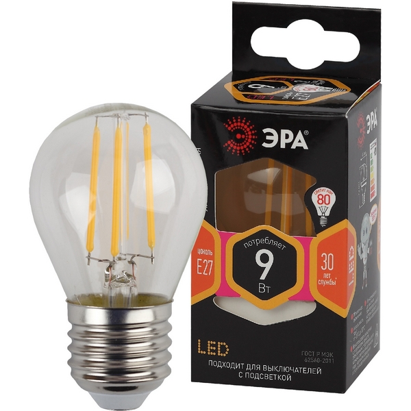 Лампочка светодиодная филаментная E27 9W ЭРА F-LED P45-9w-827-E27