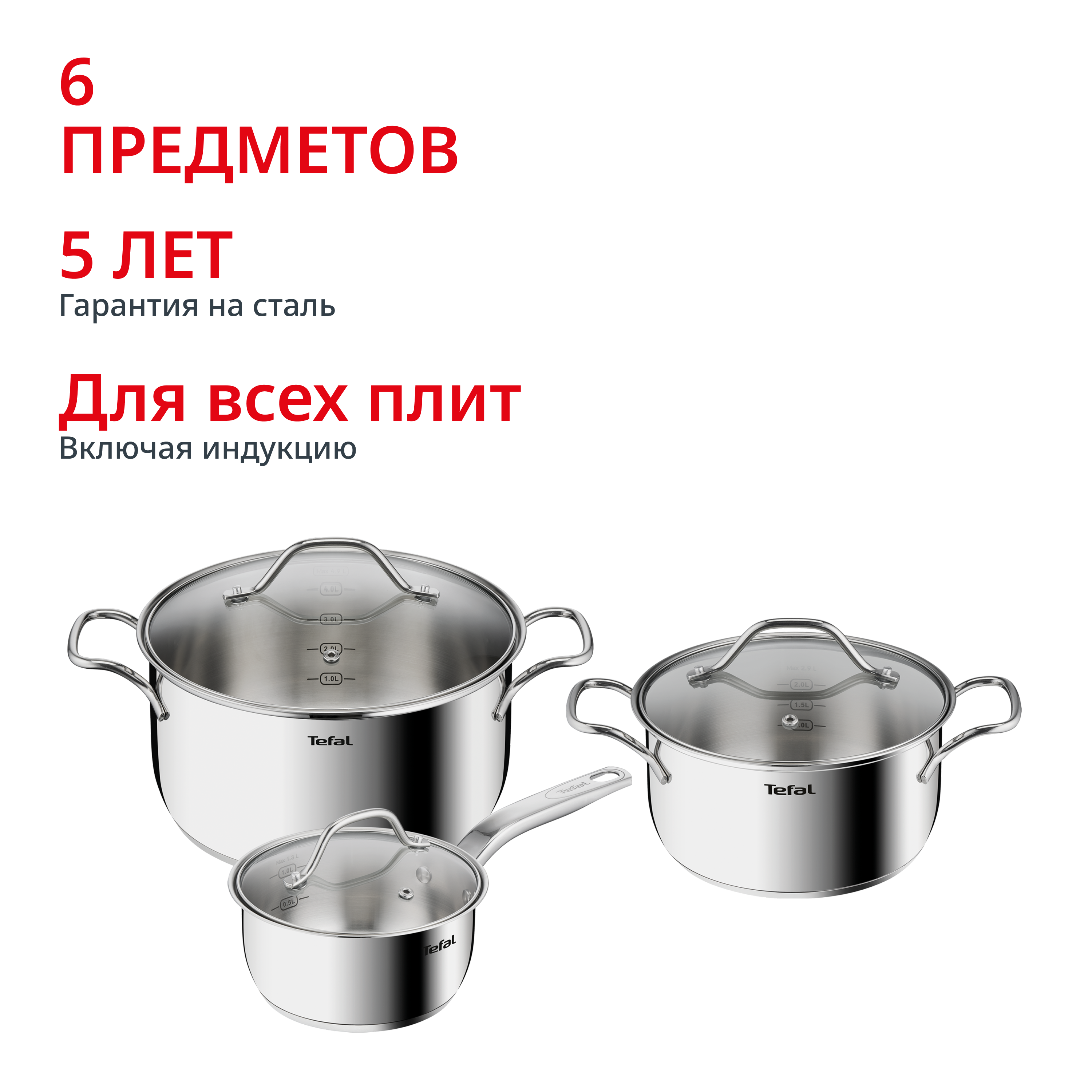 Набор посуды Intuition 6 предметов 1,3/2,9/5л 16/20/24см B864S674 Tefal