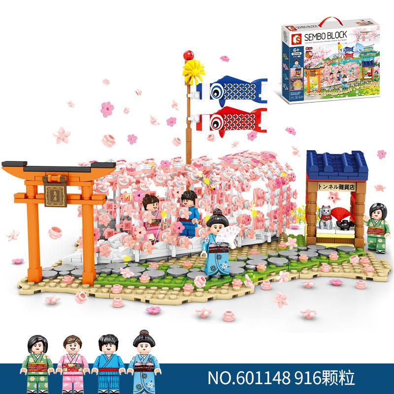 Senbao Building Block Street View Cherry Blossom Tunnel Scene Building Block Девочки Развивающие игрушки розовый