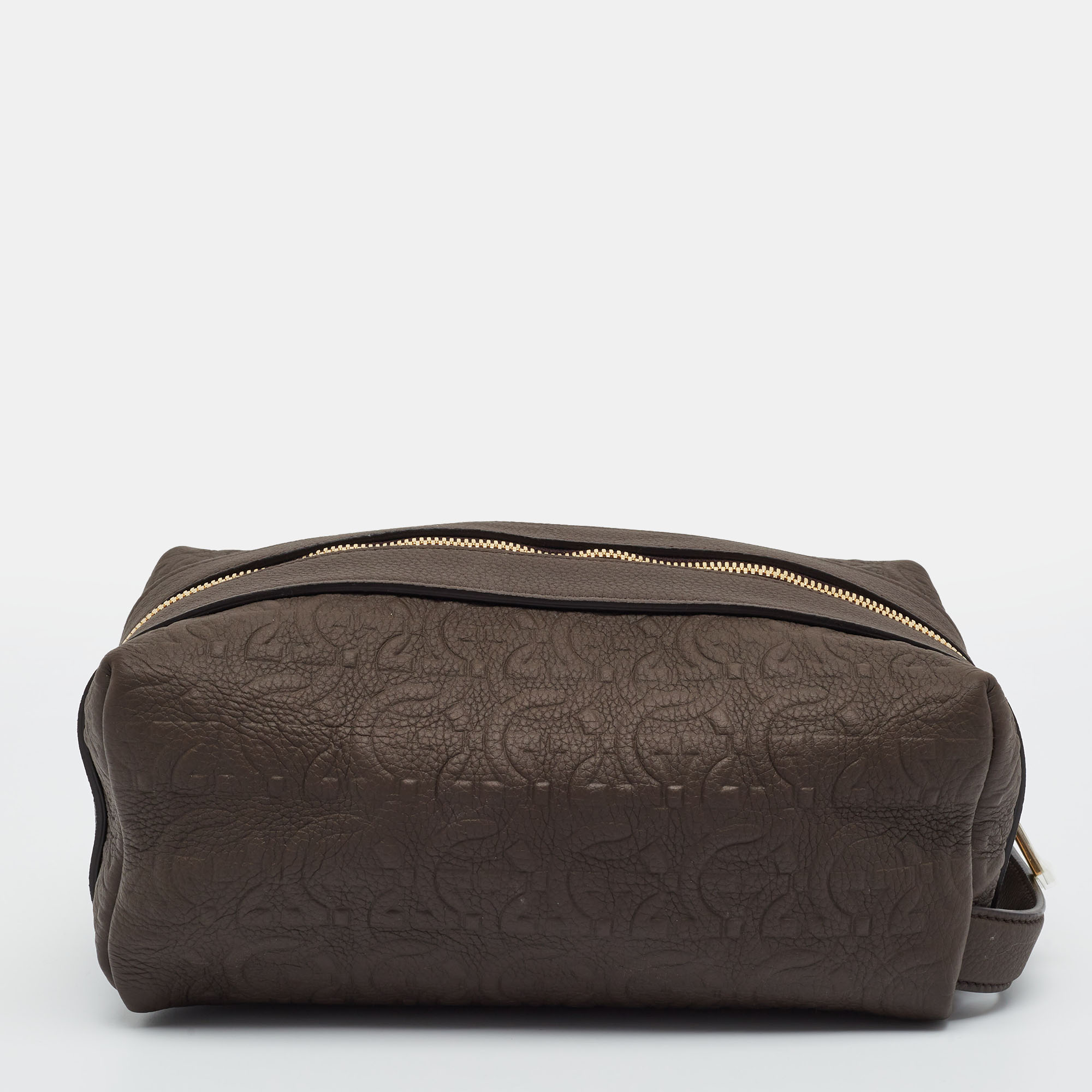 Salvatore Ferragamo Dark Brown Gancini Embossed Leather Toiletry Pouch