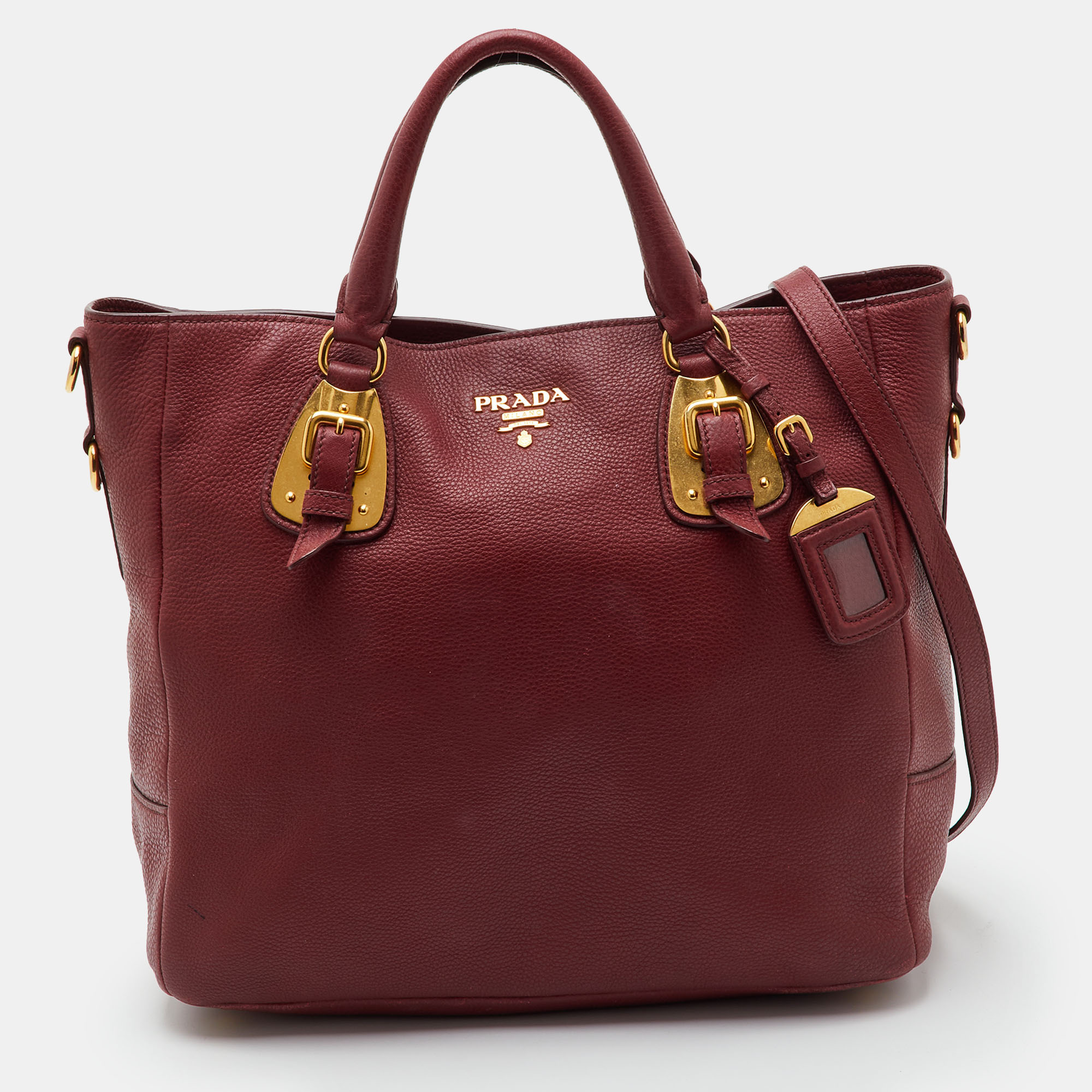 Prada Vitello Danio Dark Red Leather Shopper Tote