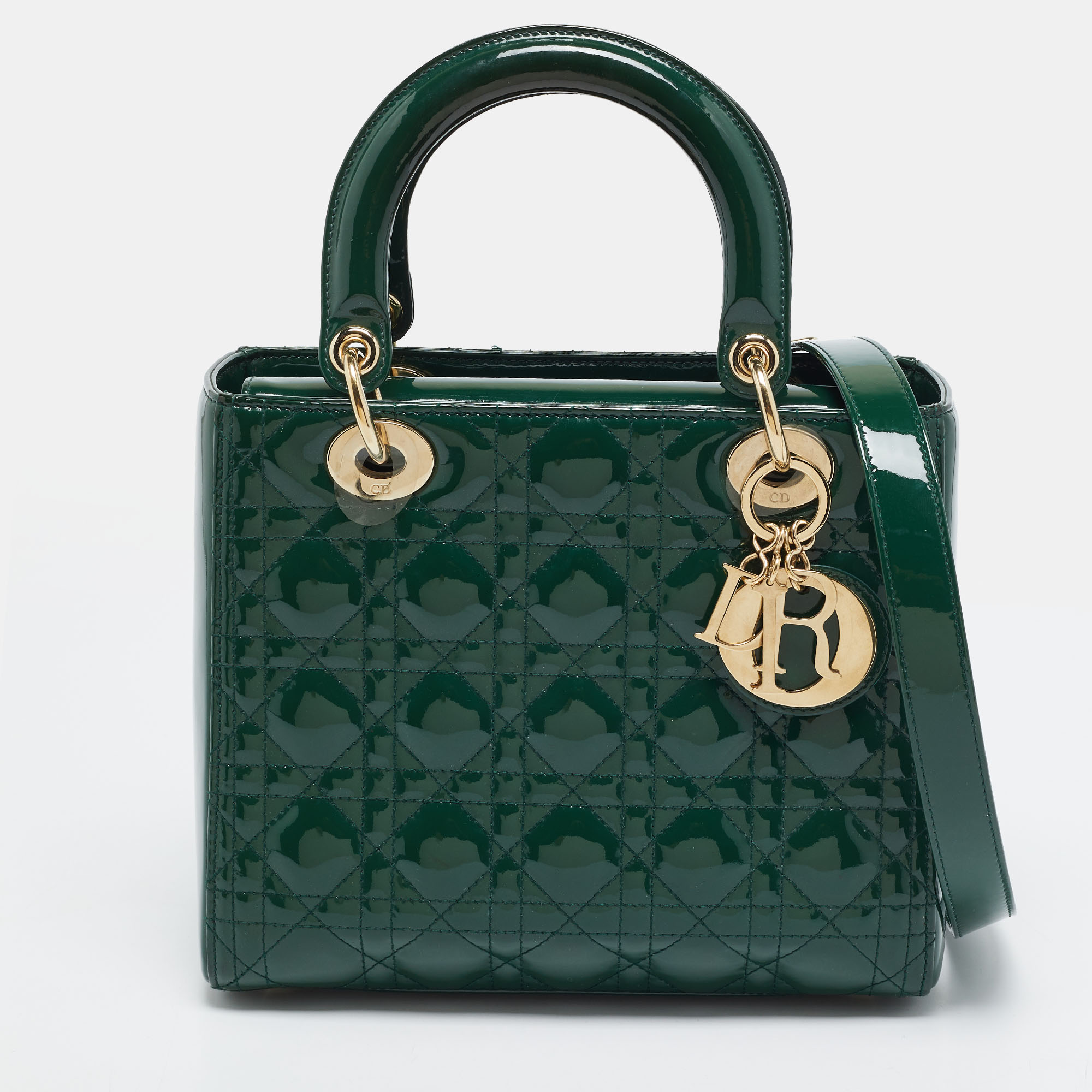 Dior Lady Dior Medium Green Cannage Patet Leather Tote