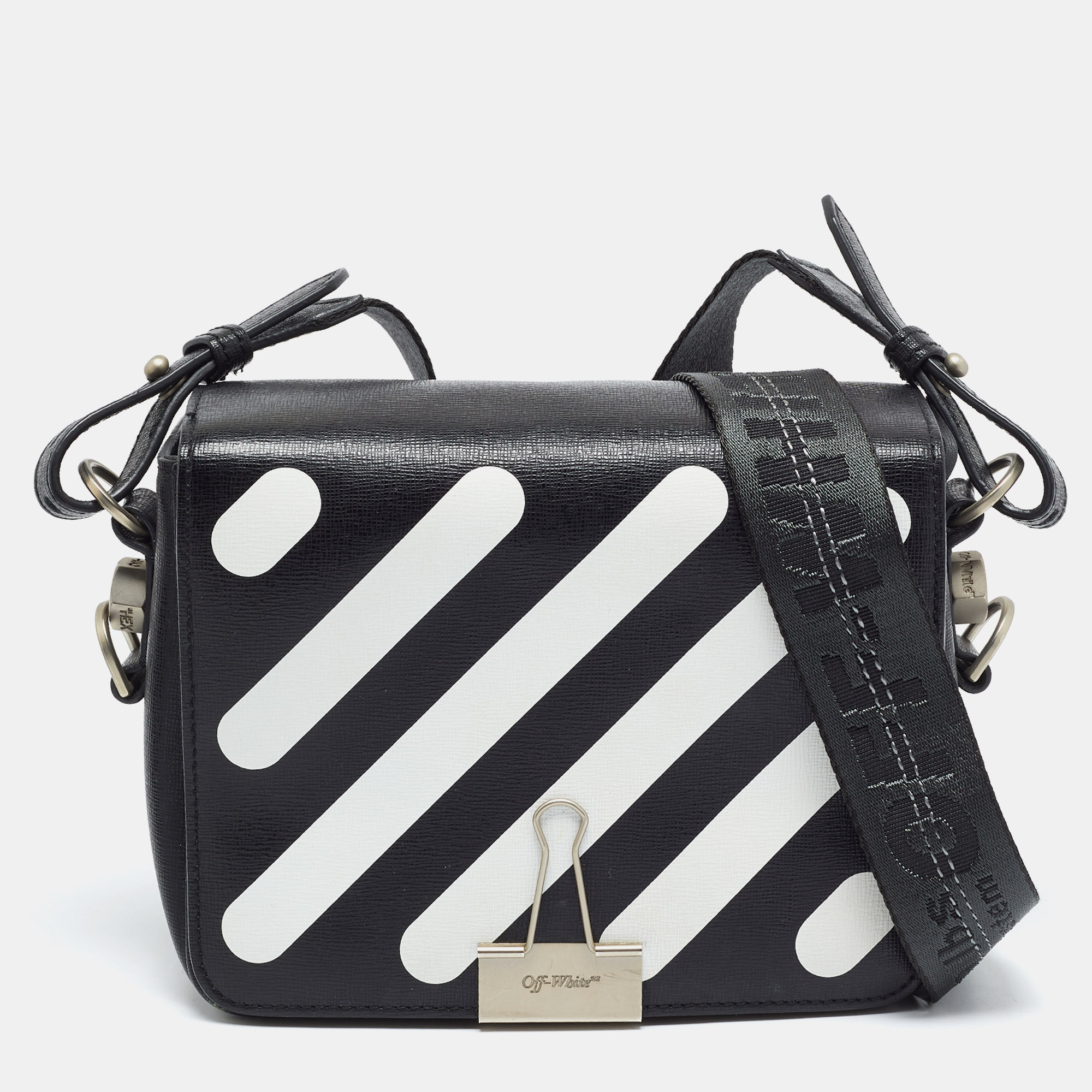 Off-White Binder Clip Black/White Diagonal Print Leather Crossbody Bag