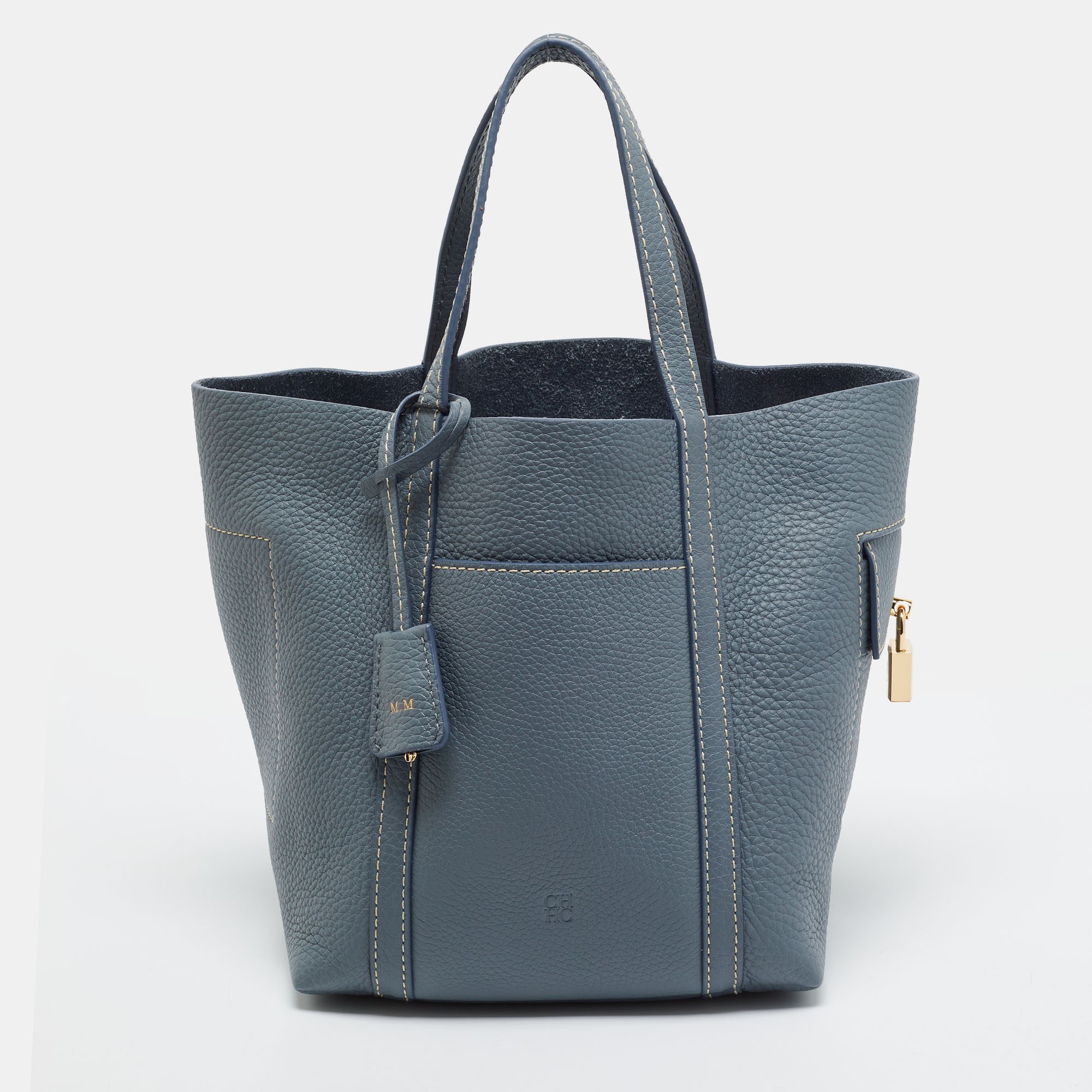 CH Carolina Herrera Matryoshka Pocket Medium Dusty Blue Leather Tote
