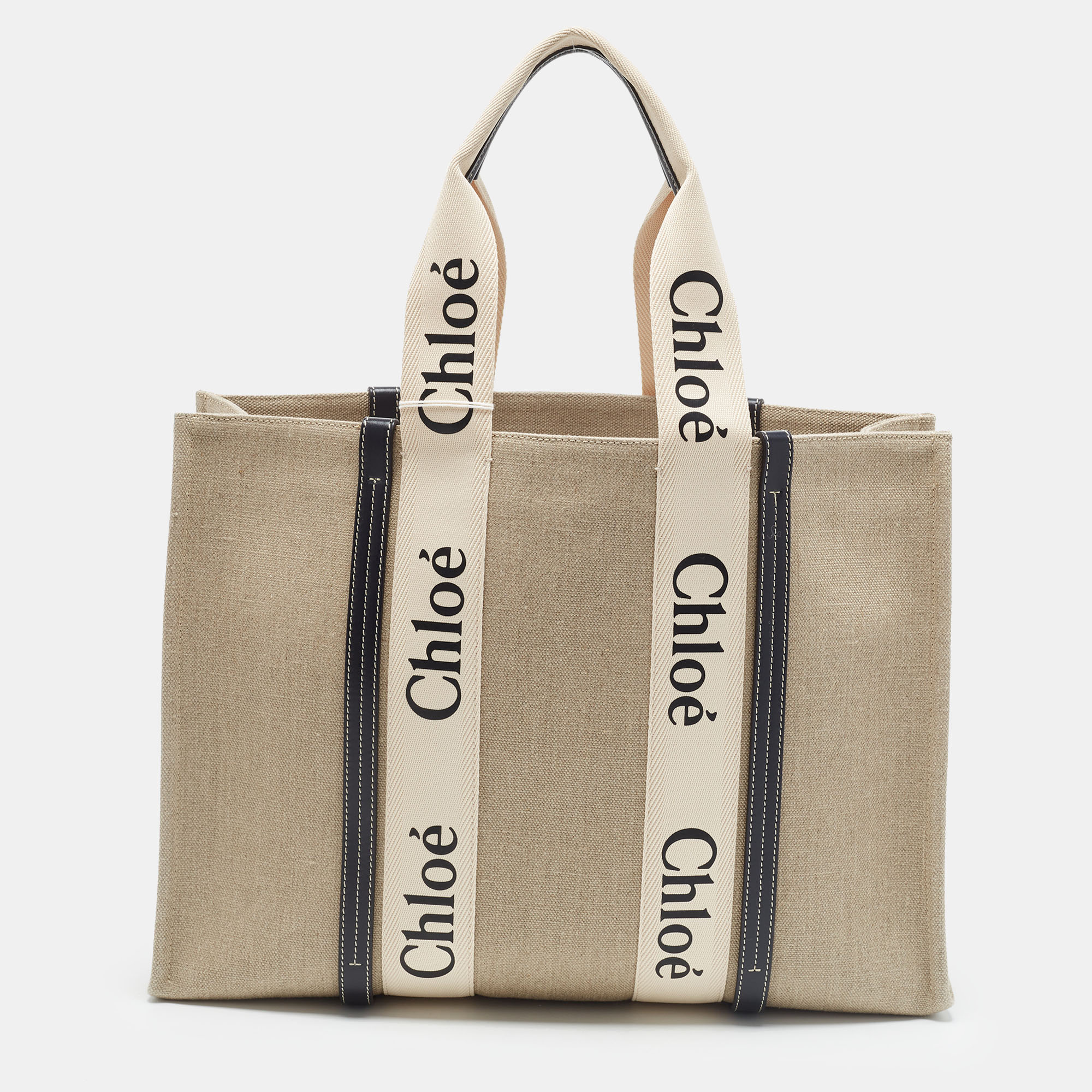 Chlo&eacute; Woody Large Black/Beige Canvas and Leather Tote Chloe