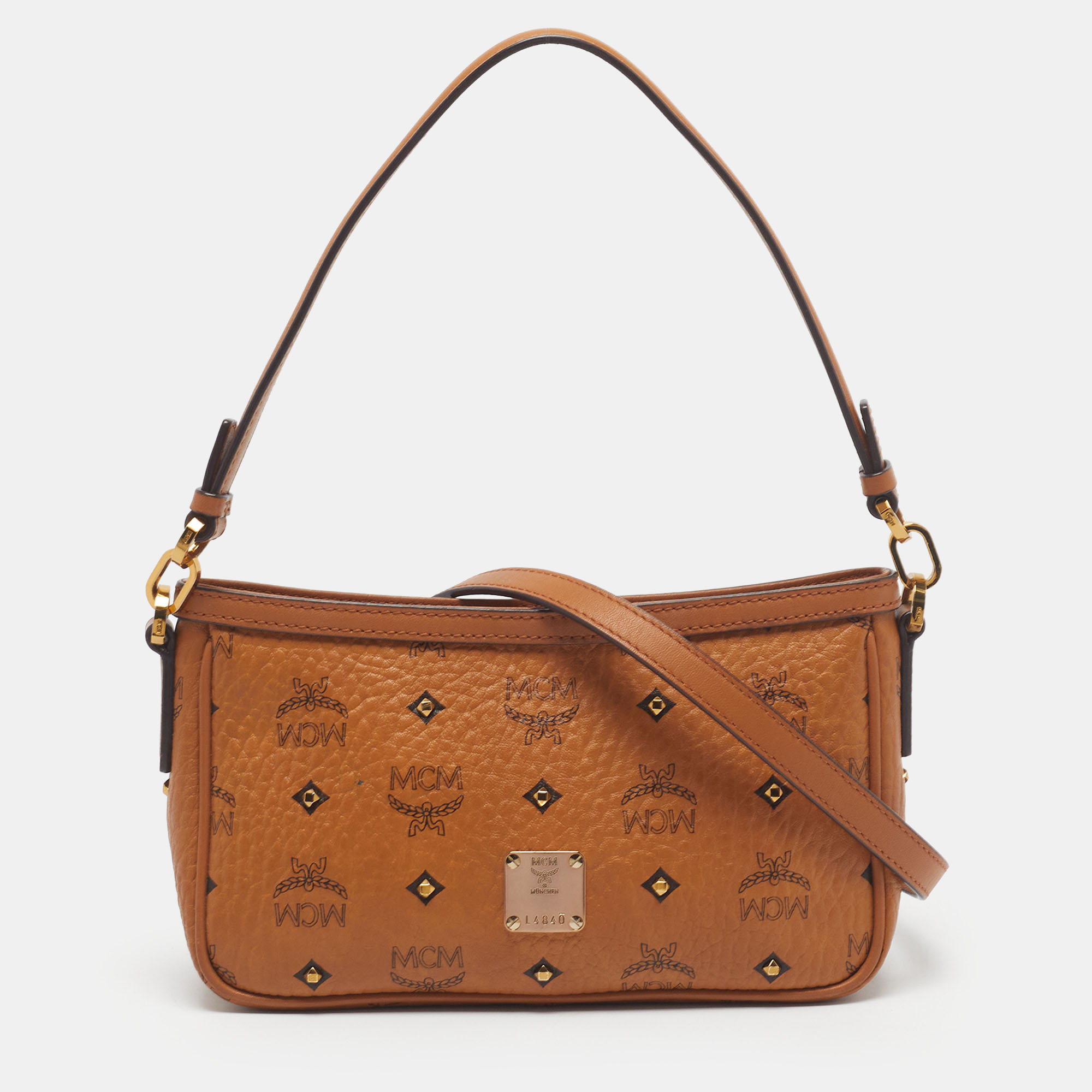 MCM Convertible Cognac Visetos Coated Canvas and Leather Crossbody Bag