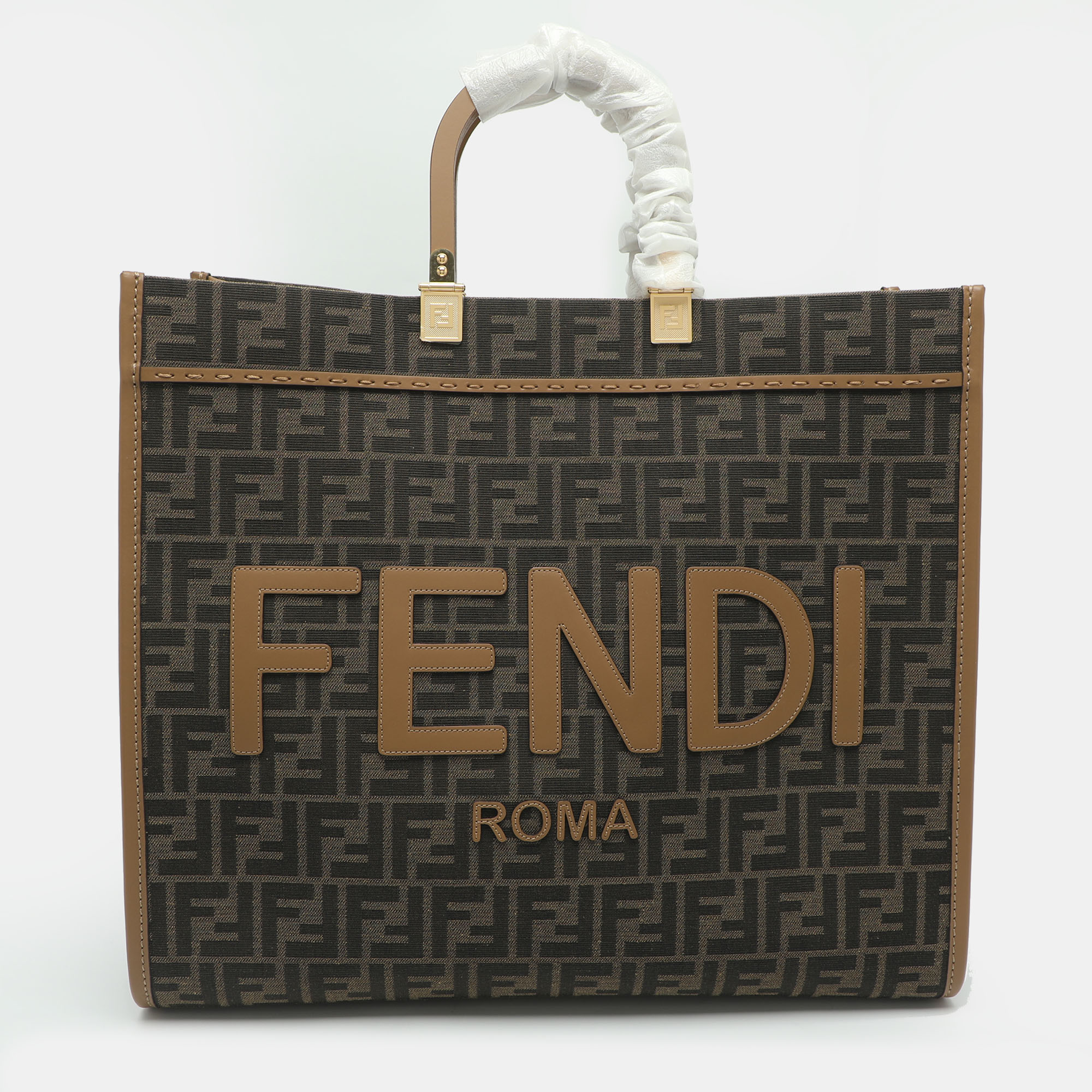 Fendi Sunshine Large Brown Zucca Jacquard and Leather Shopper Tote