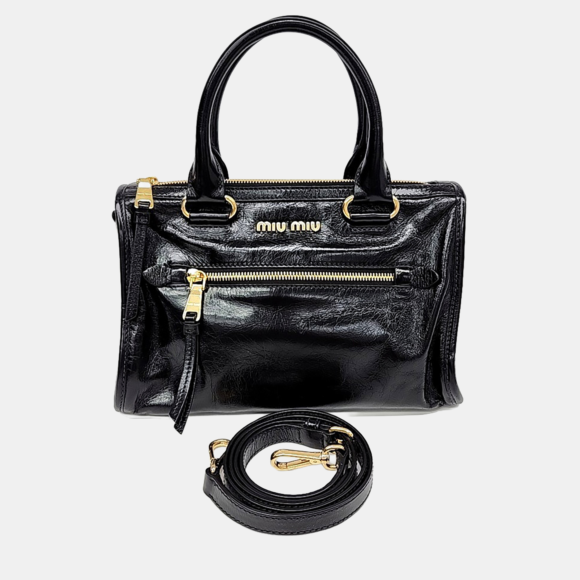 Miu Miu Vitello Shine Black Leather Tote and Shoulder Bag