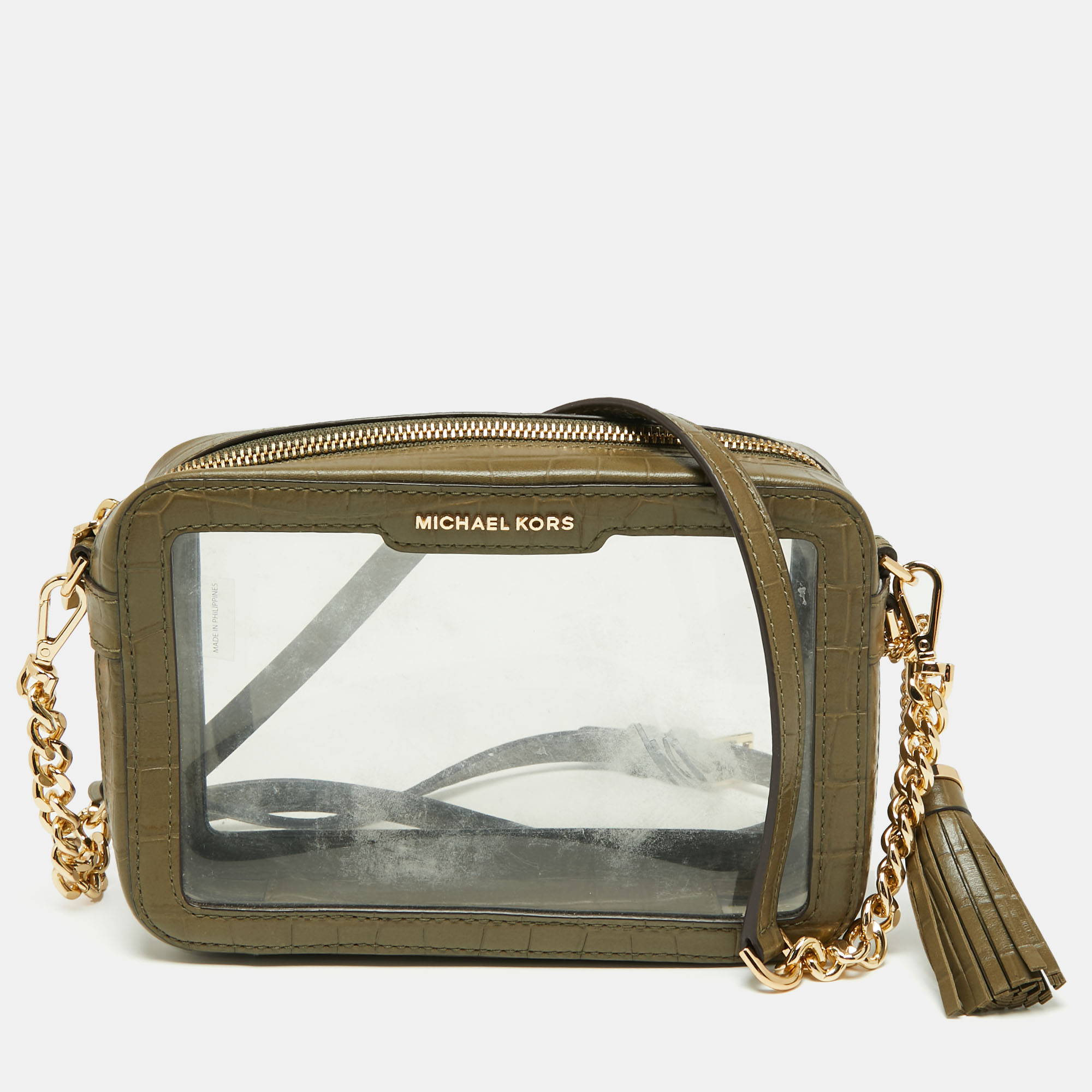 Michael Kors Green Croc Embossed Leather and PVC Crossbody Bag
