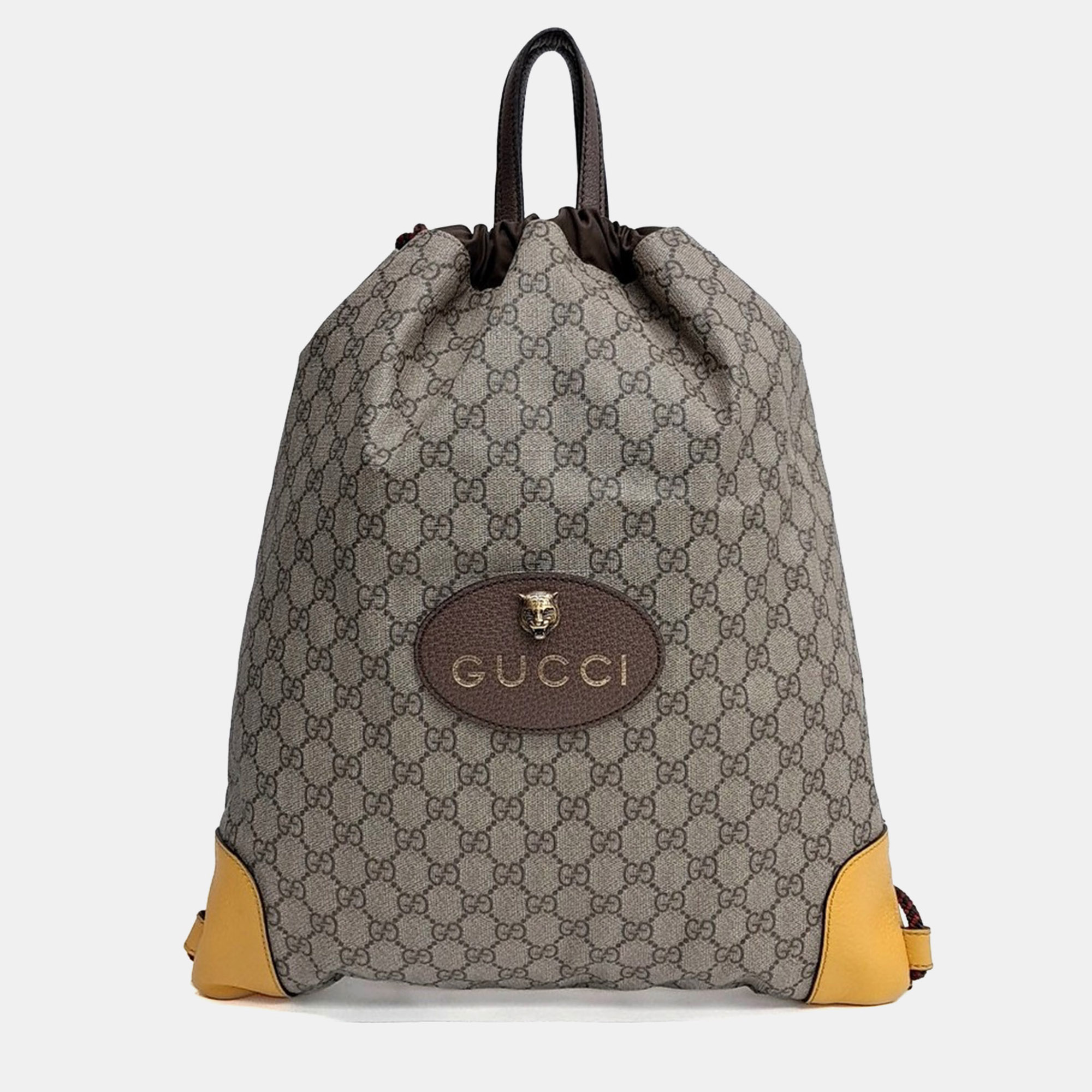 Gucci Drawstring One Size Beige GG Supreme Coated Canvas Leather Backpack Bag