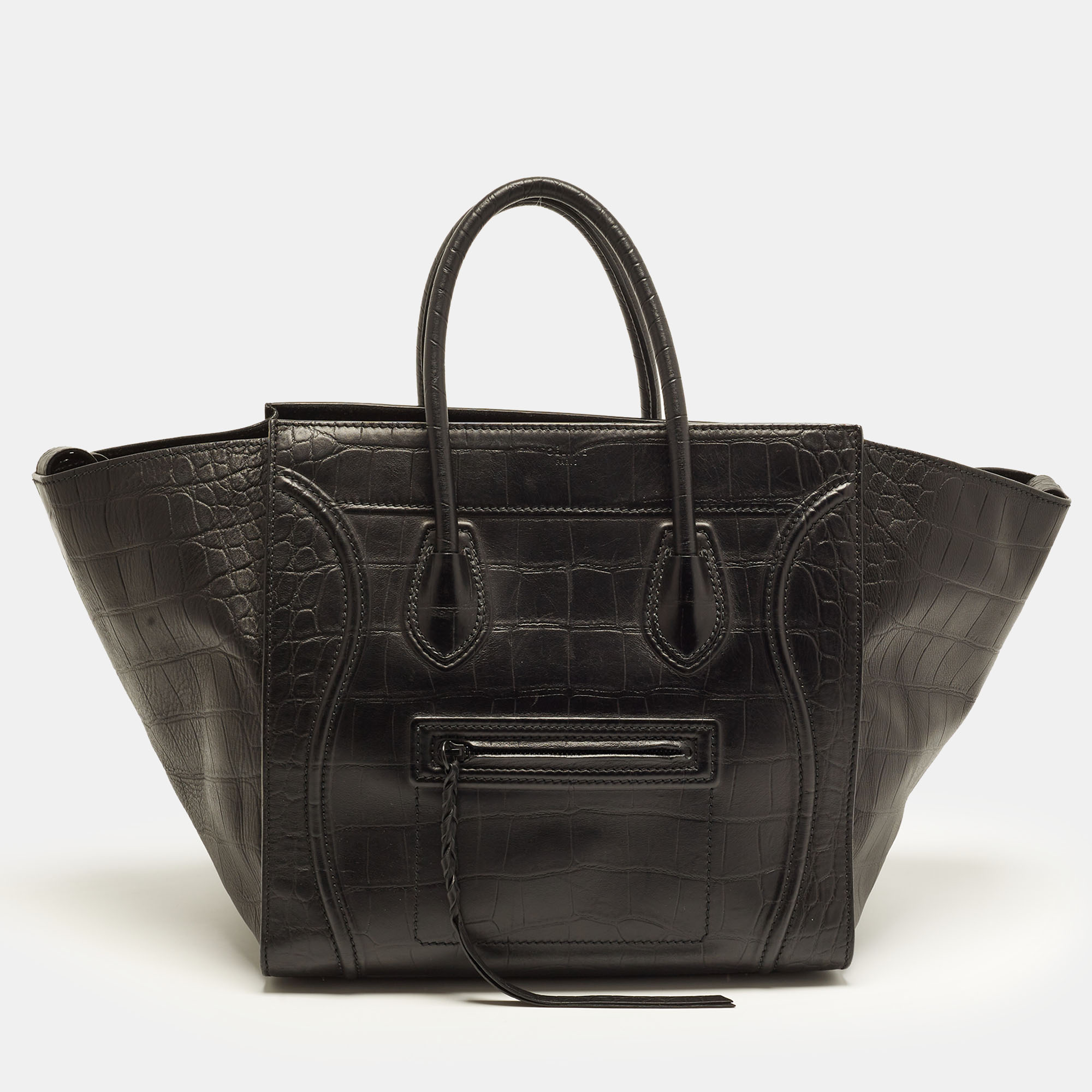 Celine Phantom Luggage Medium Black Croc Embossed Leather Tote