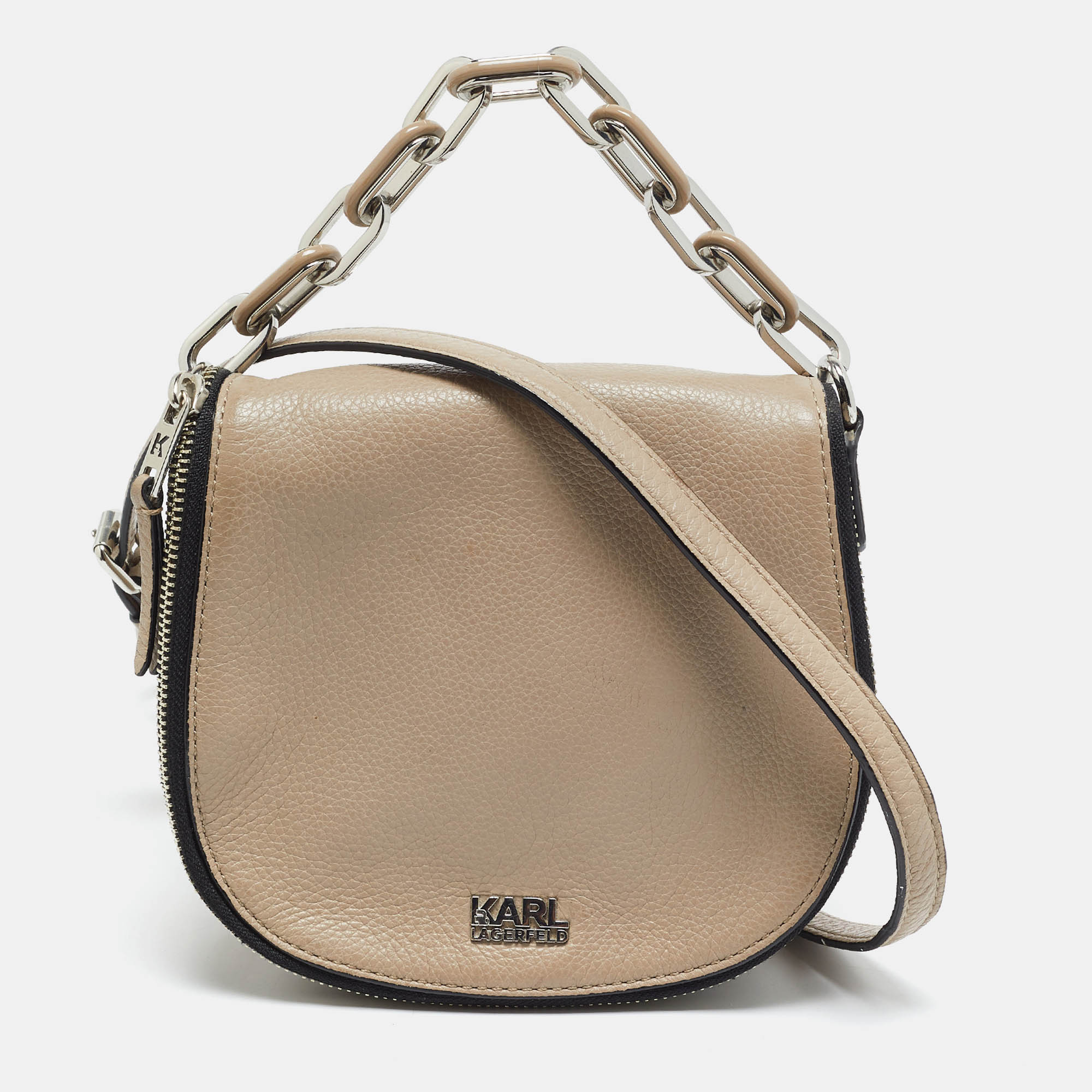 Karl Lagerfeld Beige Leather Zip Around Flap Crossbody Bag