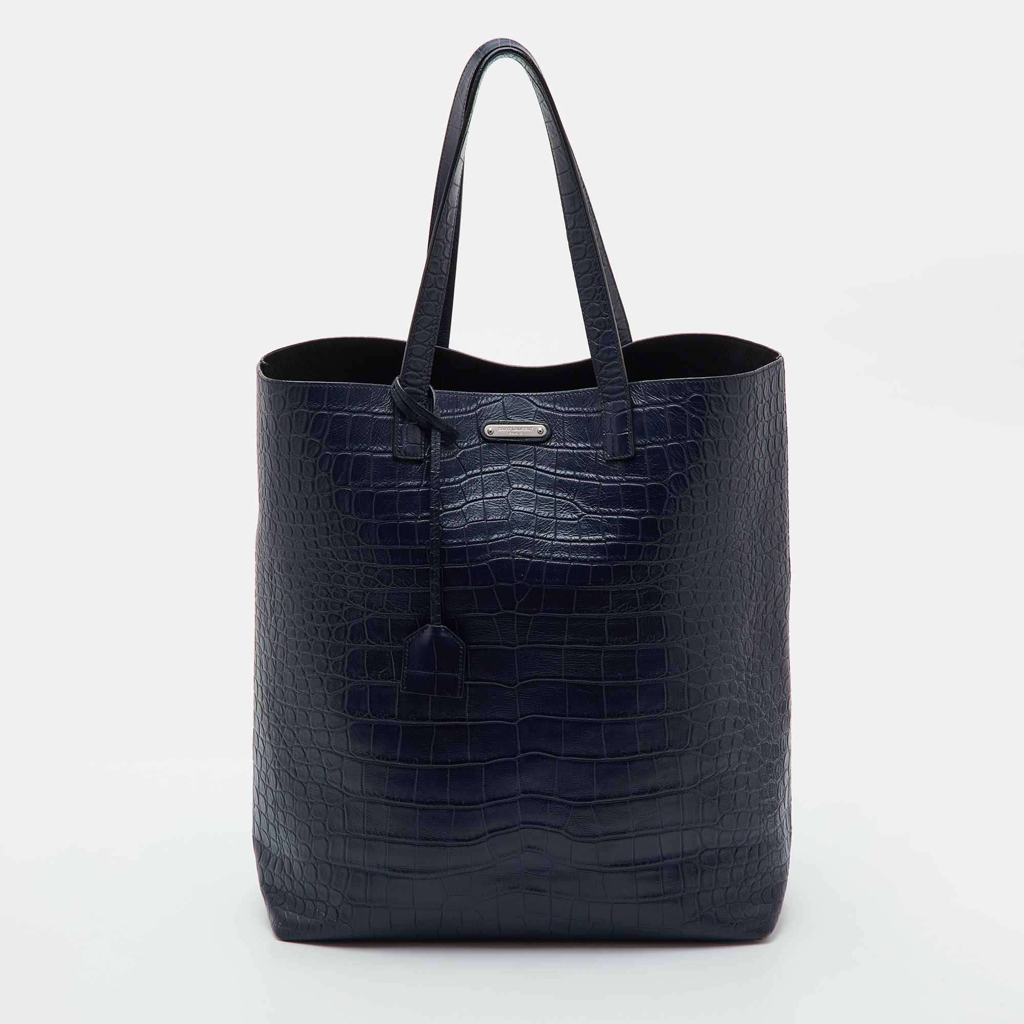Saint Laurent Bold Navy Blue Croc Embossed Leather Shopper Tote Saint Laurent Paris