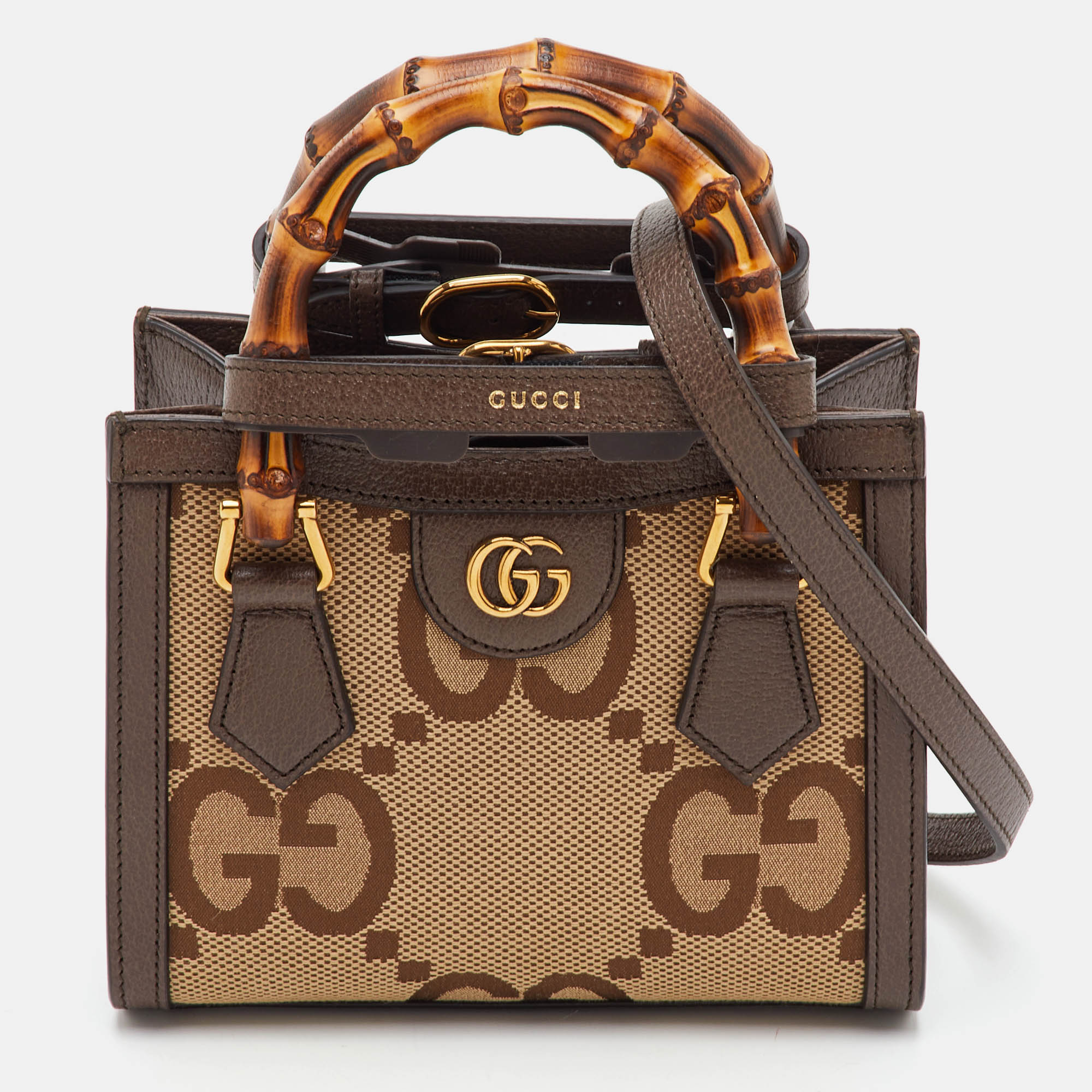 Gucci Bamboo Diana Small Beige/Brown GG Jumbo Canvas and Leather Tote