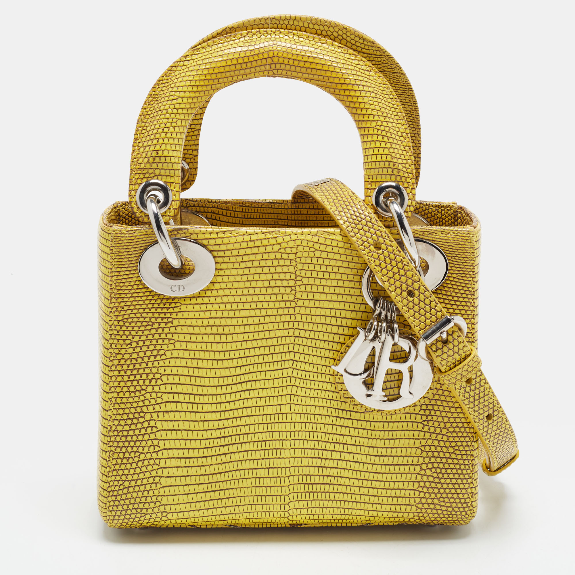 Dior Lady Dior Mini Yellow Lizard Tote