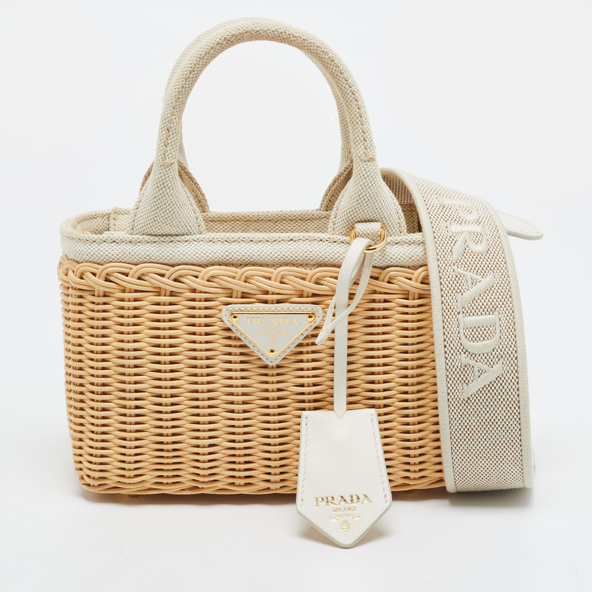Prada Mini Tan/White Wicker and Canvas Tote