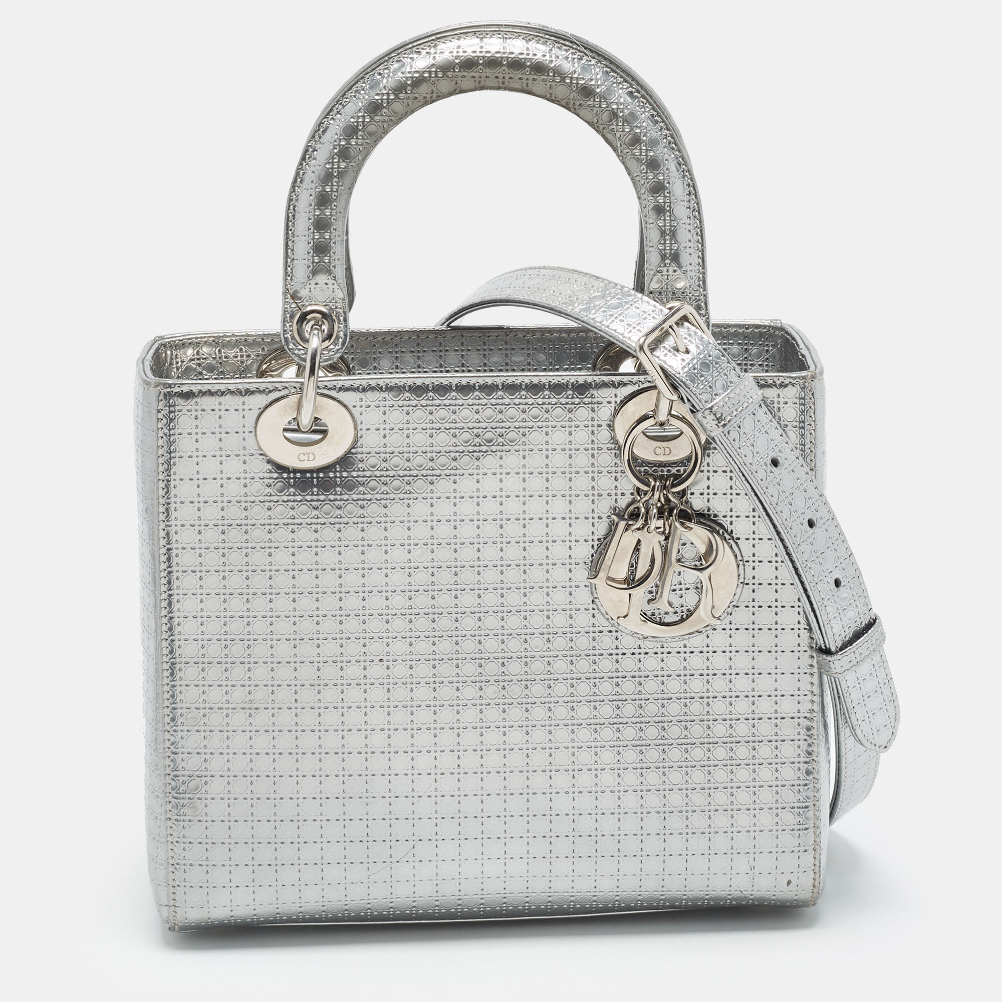 Dior Lady Dior Medium Silver Microcannage Patent Leather Tote