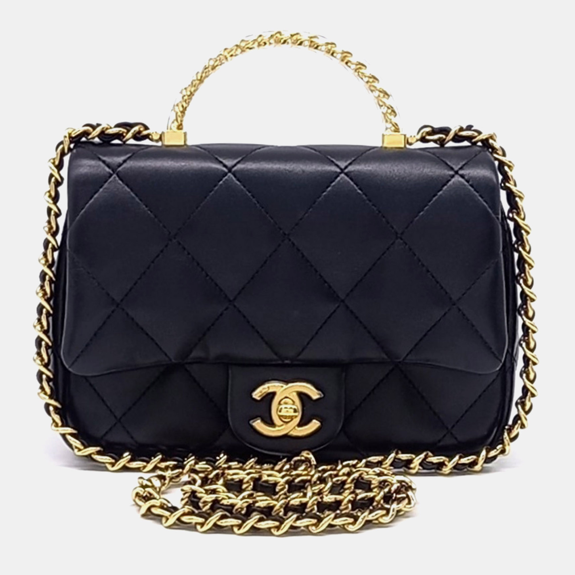Chanel Black Leather Lambskin Top Handle Small Flap Bag