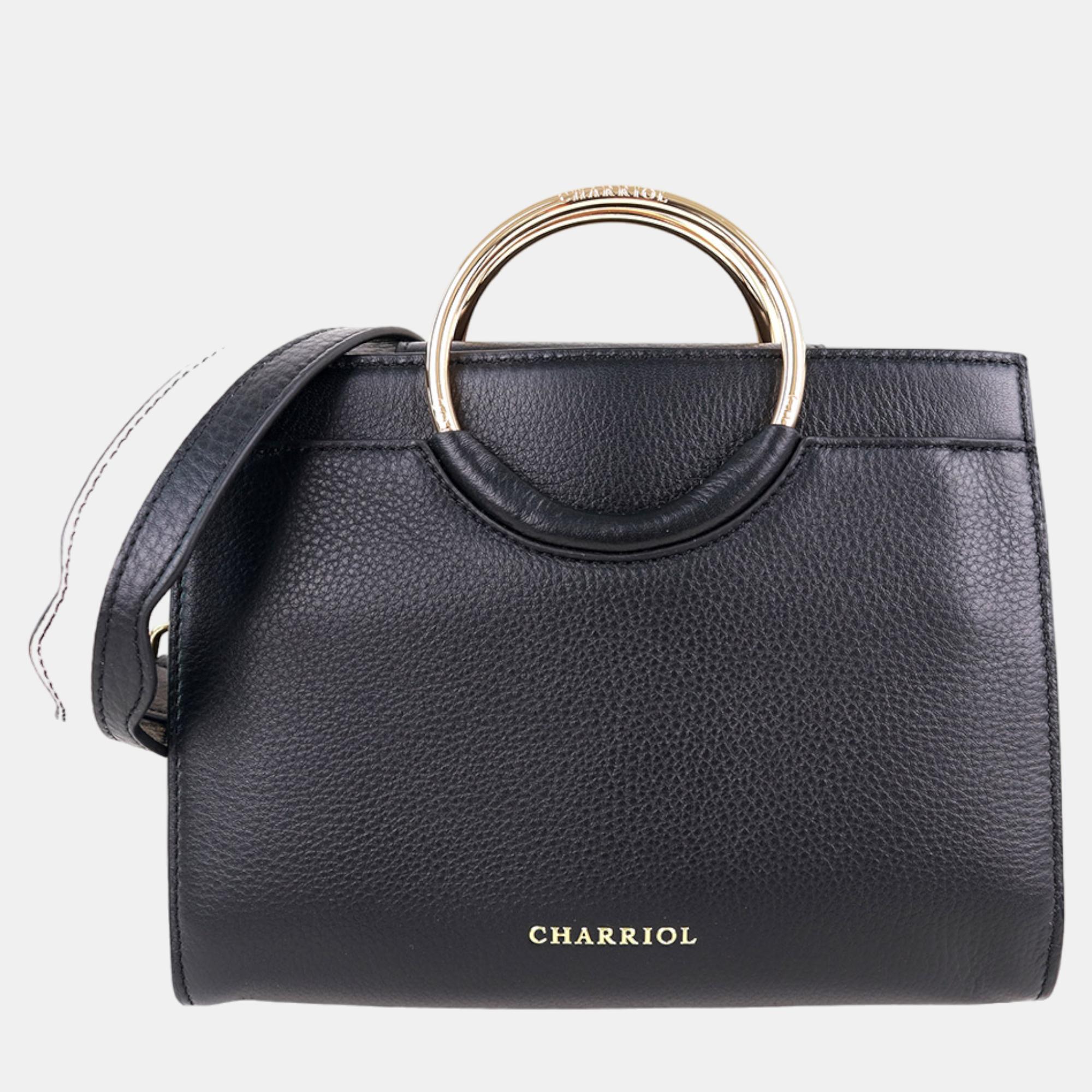 Charriol Forever One Size Black Grained Leather Top Handle Bag