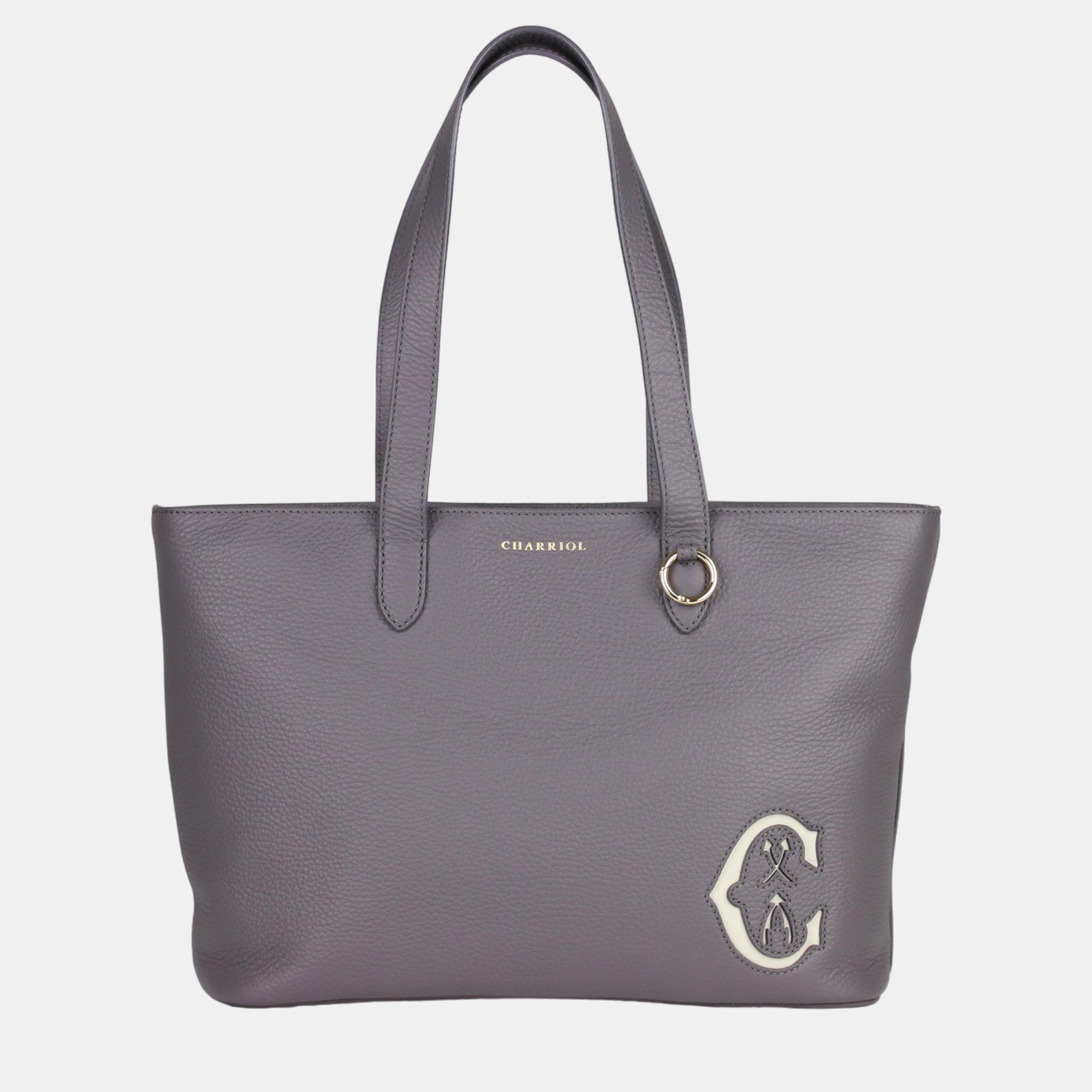 Charriol Marie Olga One Size Storm Grey Grained Leather Shopper Tote Bag