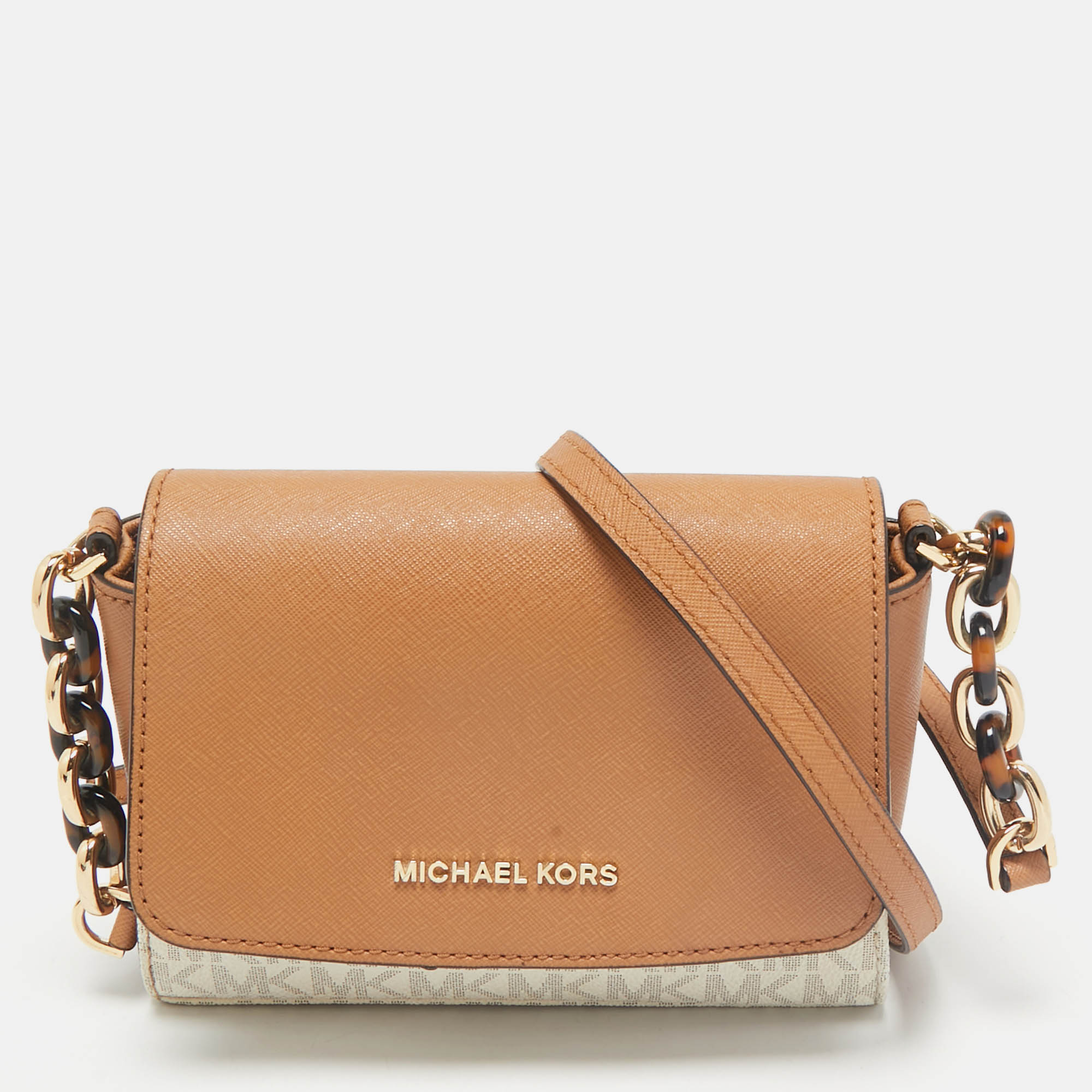 Michael Kors Brown Coated Canvas and Faux Leather Crossbody Bag