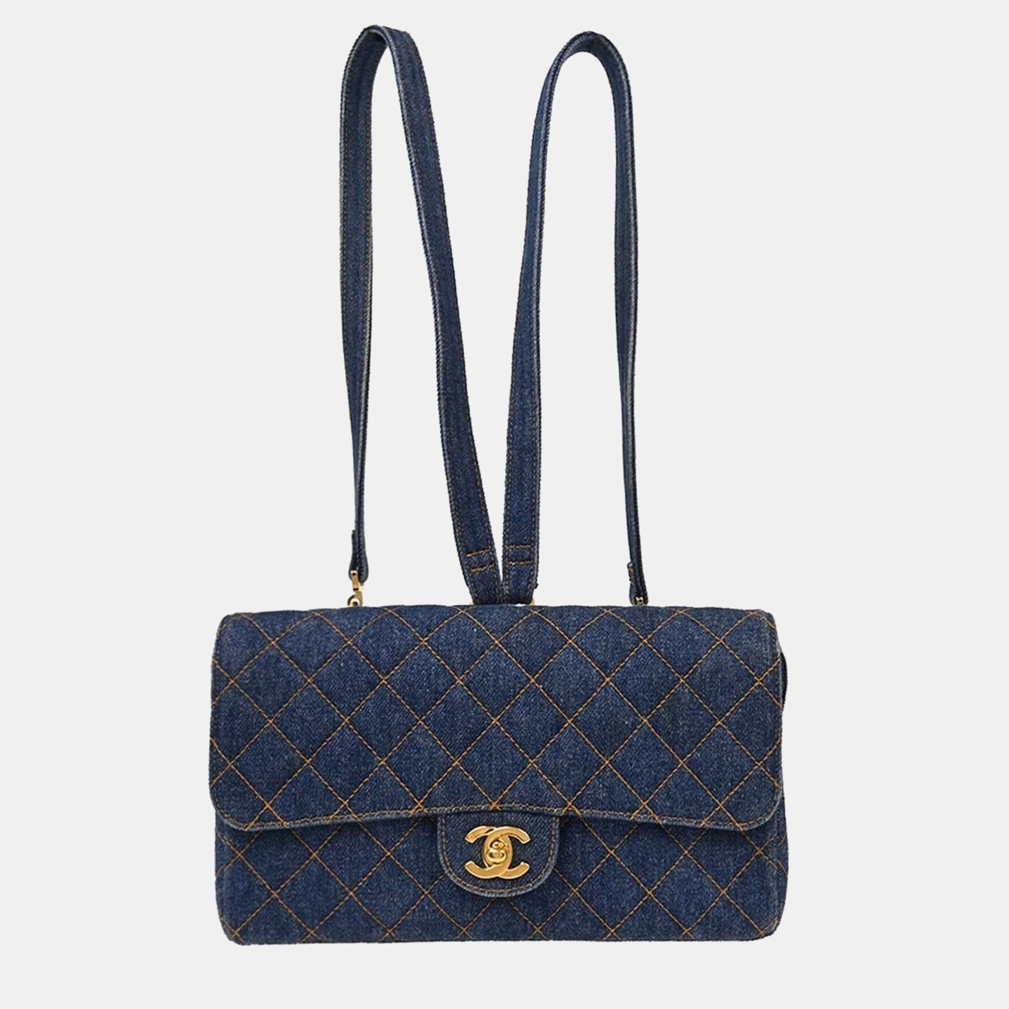 Chanel Vintage Quilted 1996 1997 Blue Denim Flap Backpack Bag