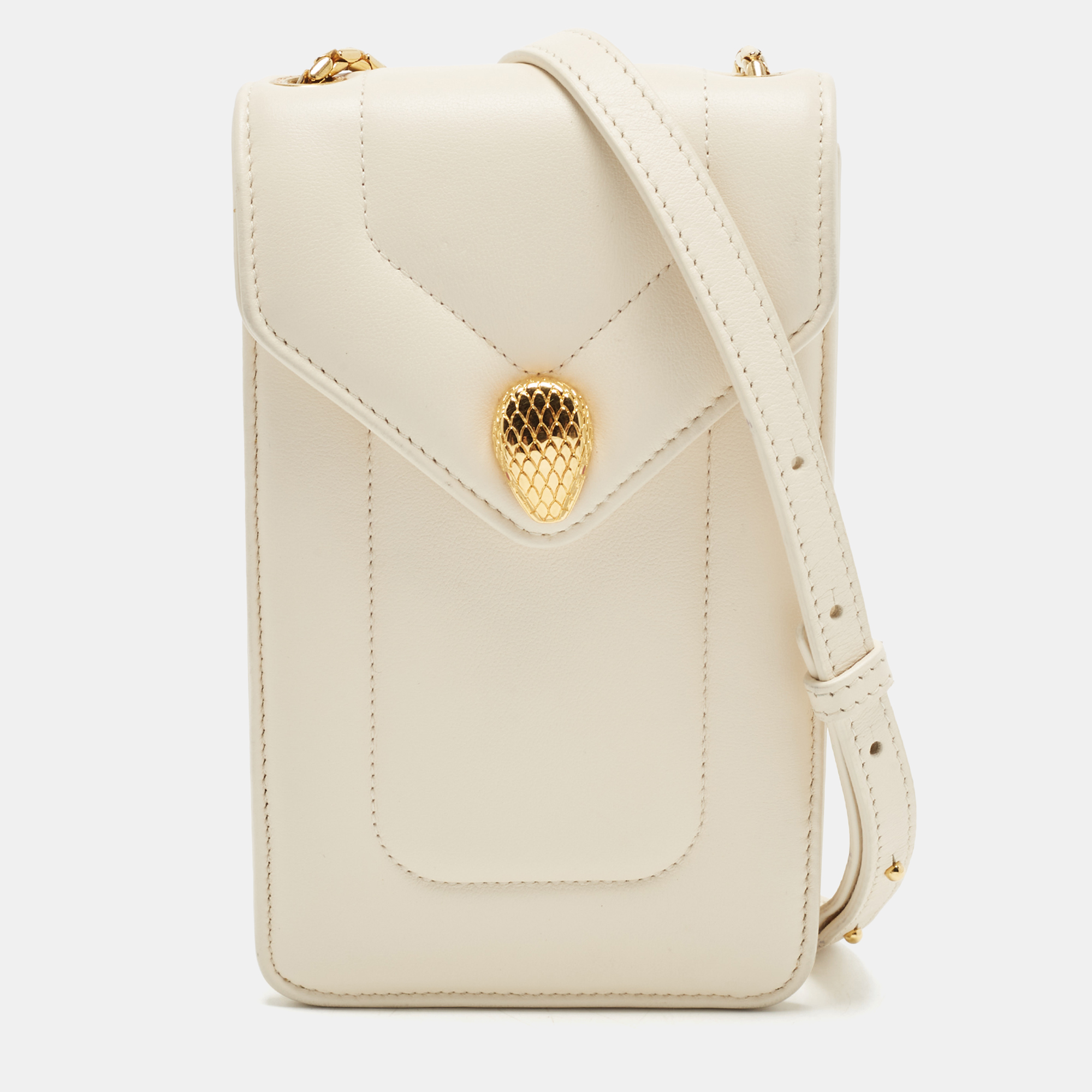 Bvlgari Serpenti Cabochon Phone Pouch Beige Leather Crossbody Bag