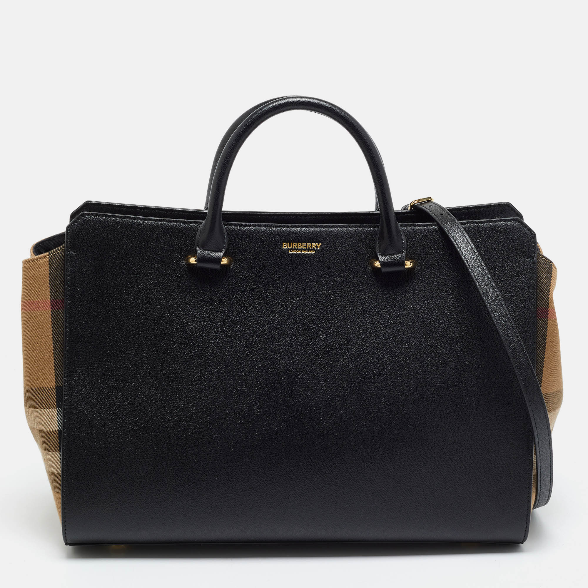 Burberry Banwell Medium Black/Beige Check Canvas and Leather Tote