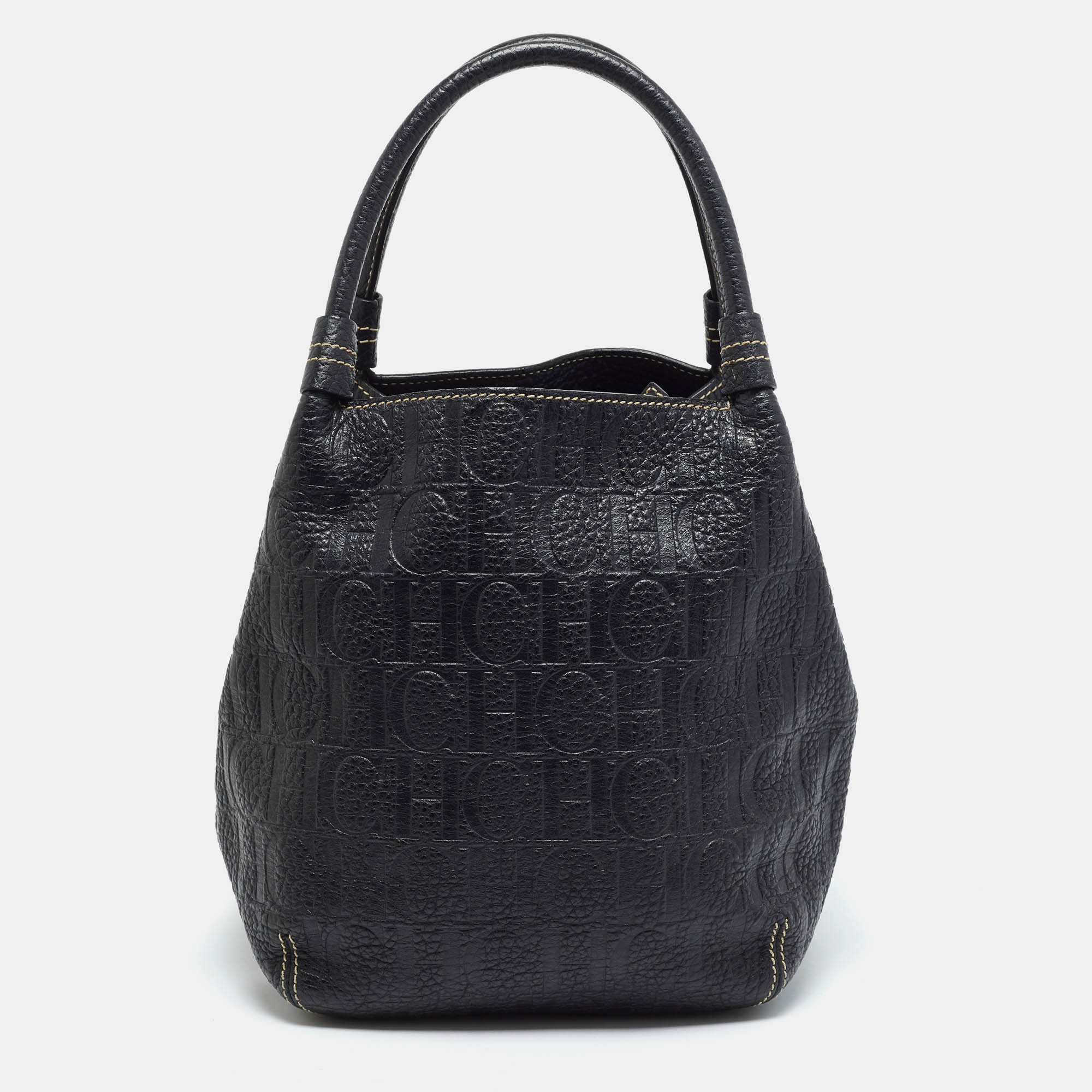 Carolina Herrera Monogram Embossed Black Leather Tote