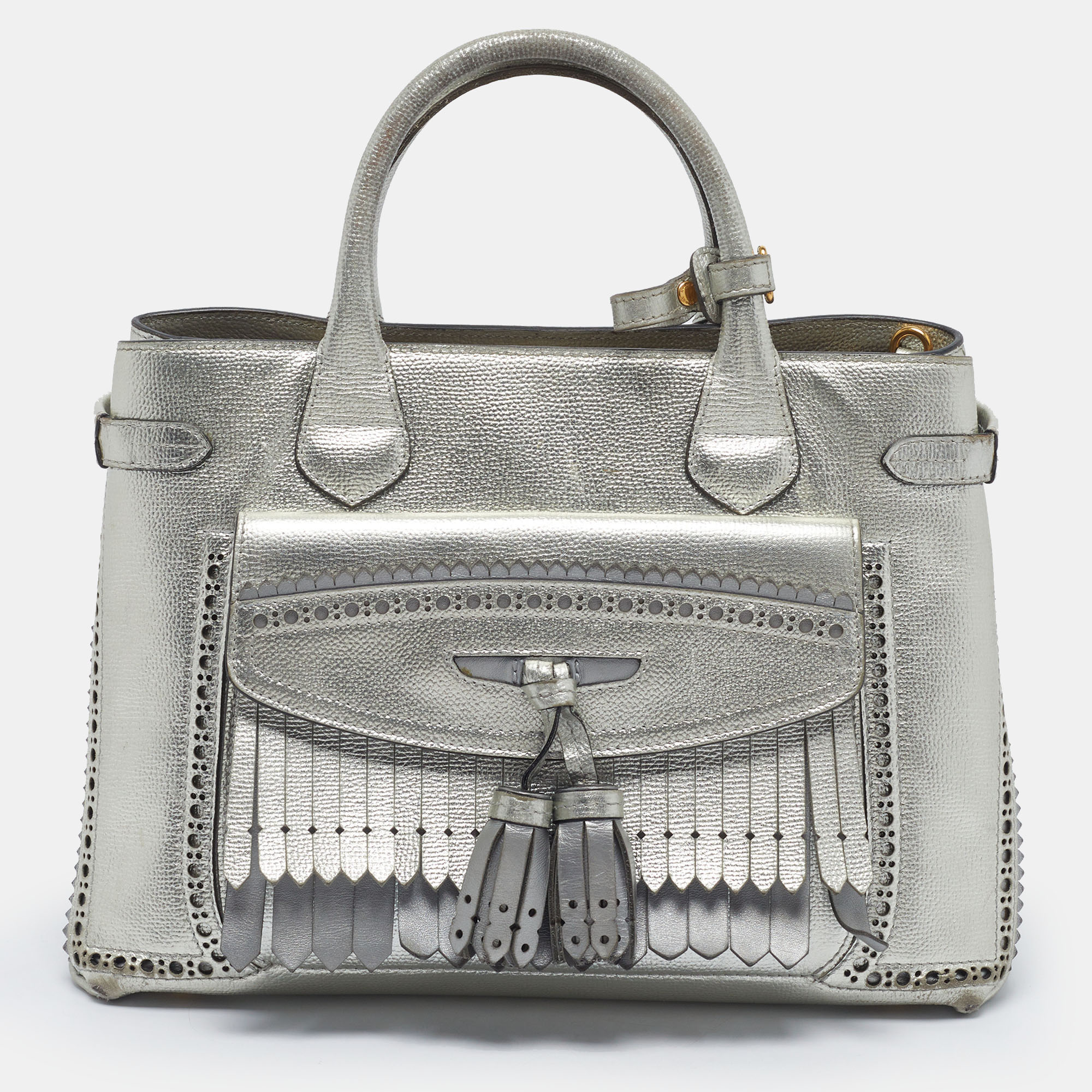 Burberry Banner Fringe Silver Brogues Leather Tote