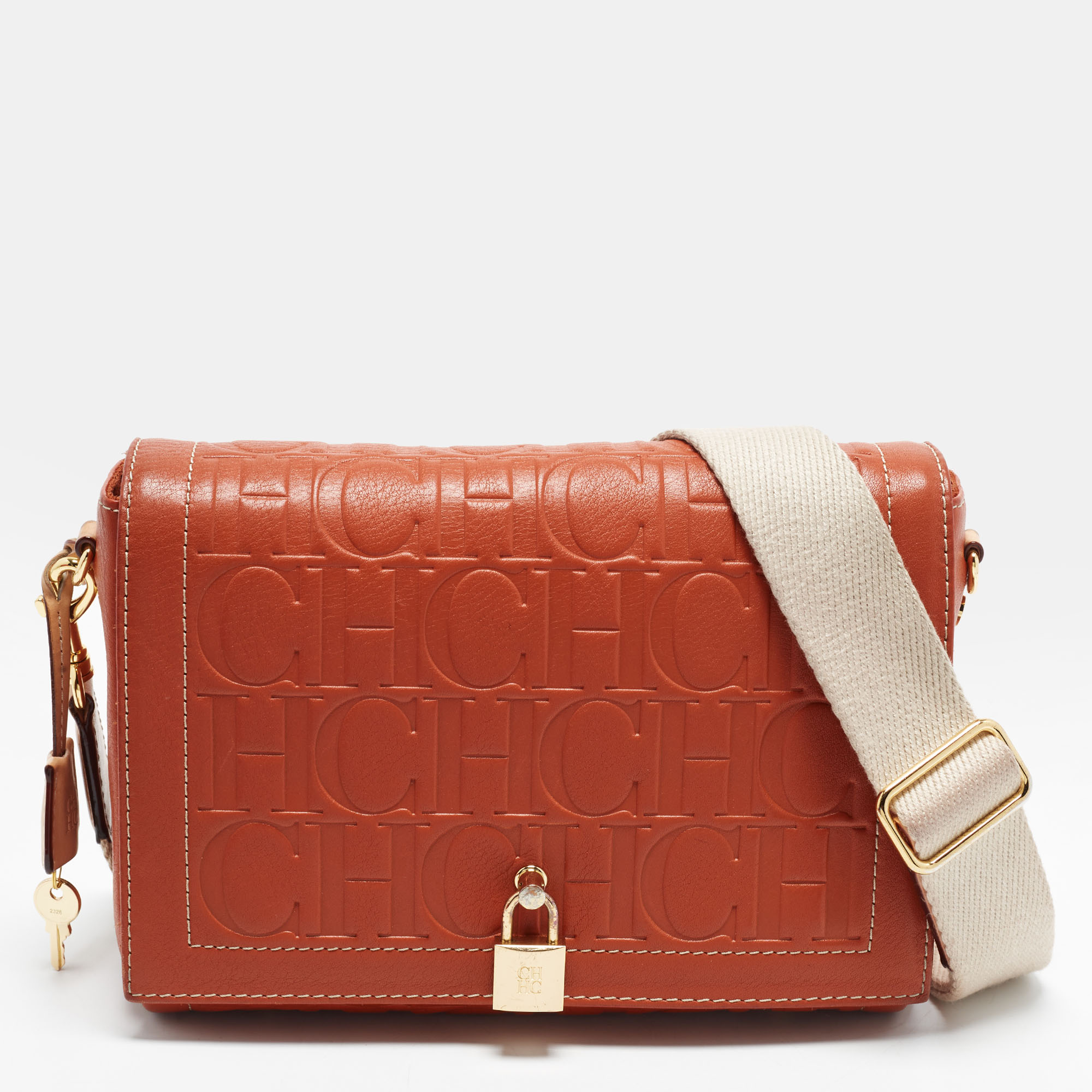Carolina Herrera Andy Locked Medium Brown Monogram Leather Crossbody Bag