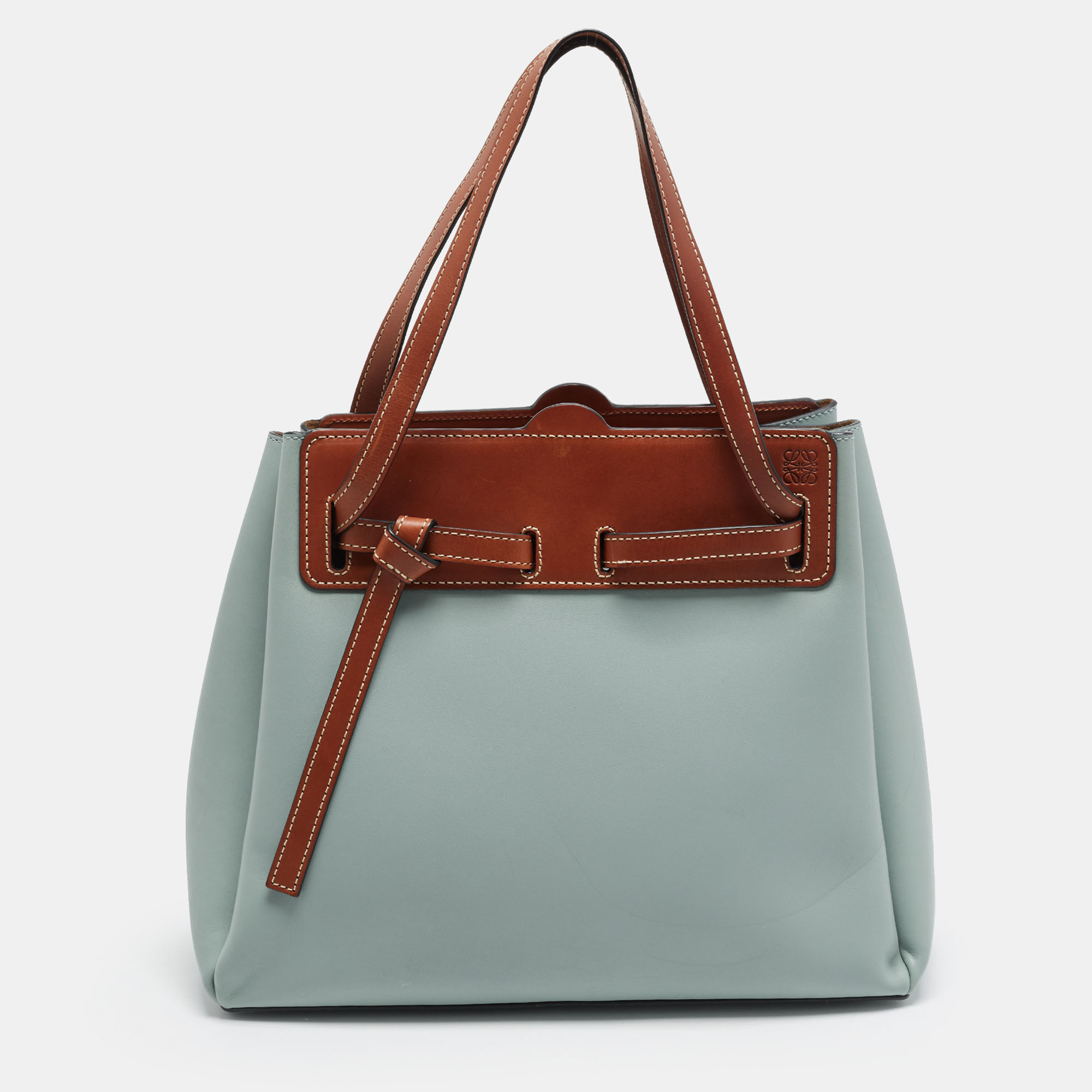 Loewe Lazo Aqua Blue/Tan Leather Shopper Tote