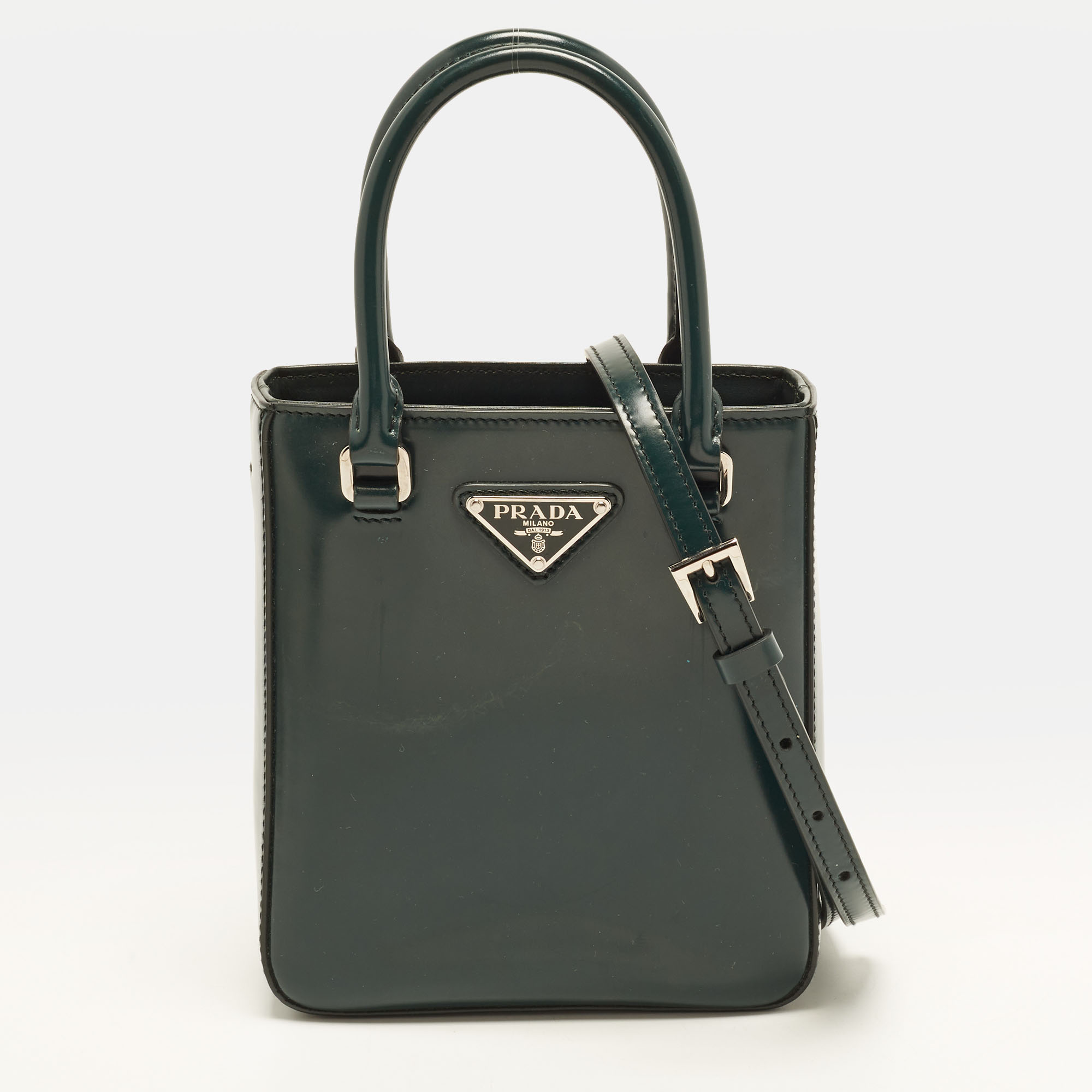 Prada Triangle Logo Small Green Spazzolato Leather Tote