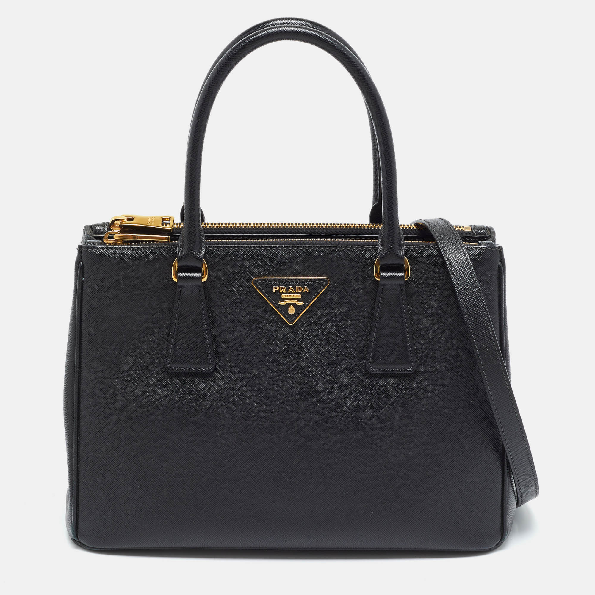 Prada Small Galleria Double Zip Black Saffiano Lux Leather Tote