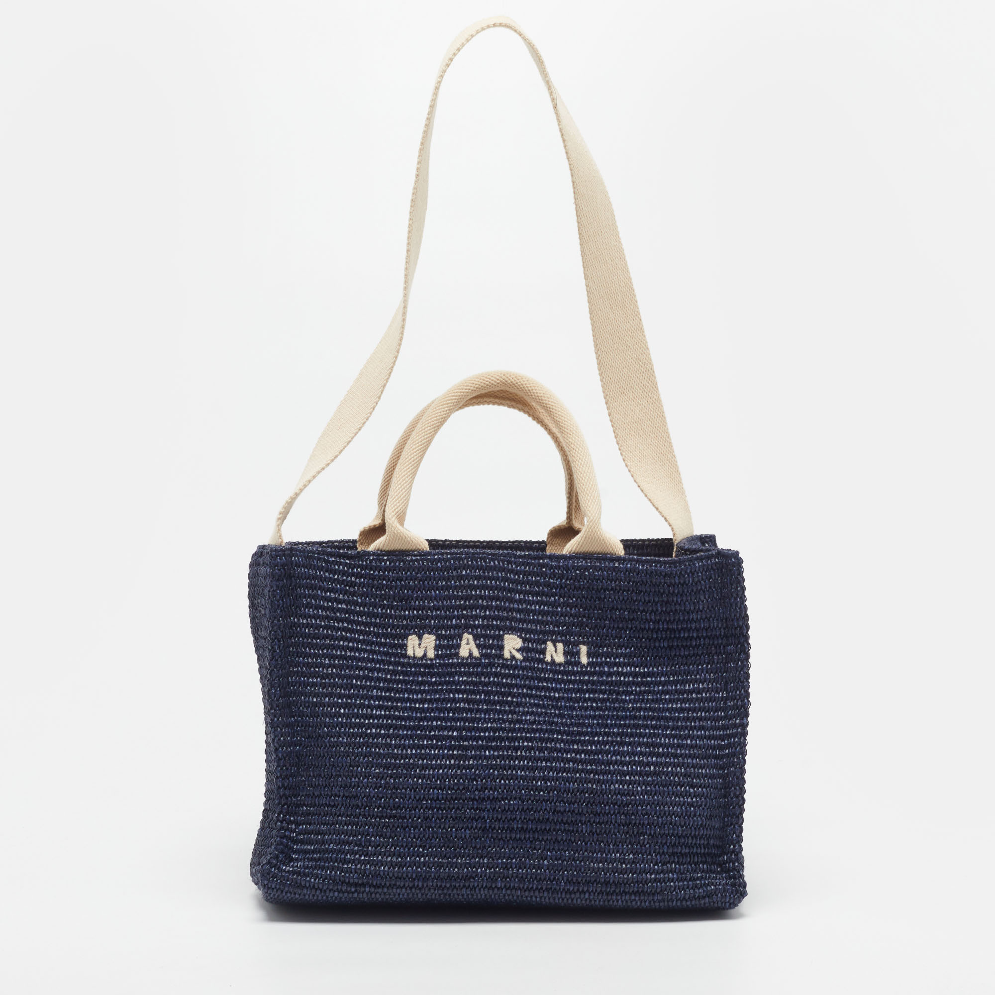 Marni Embroidered Logo Small Blue Raffia Tote
