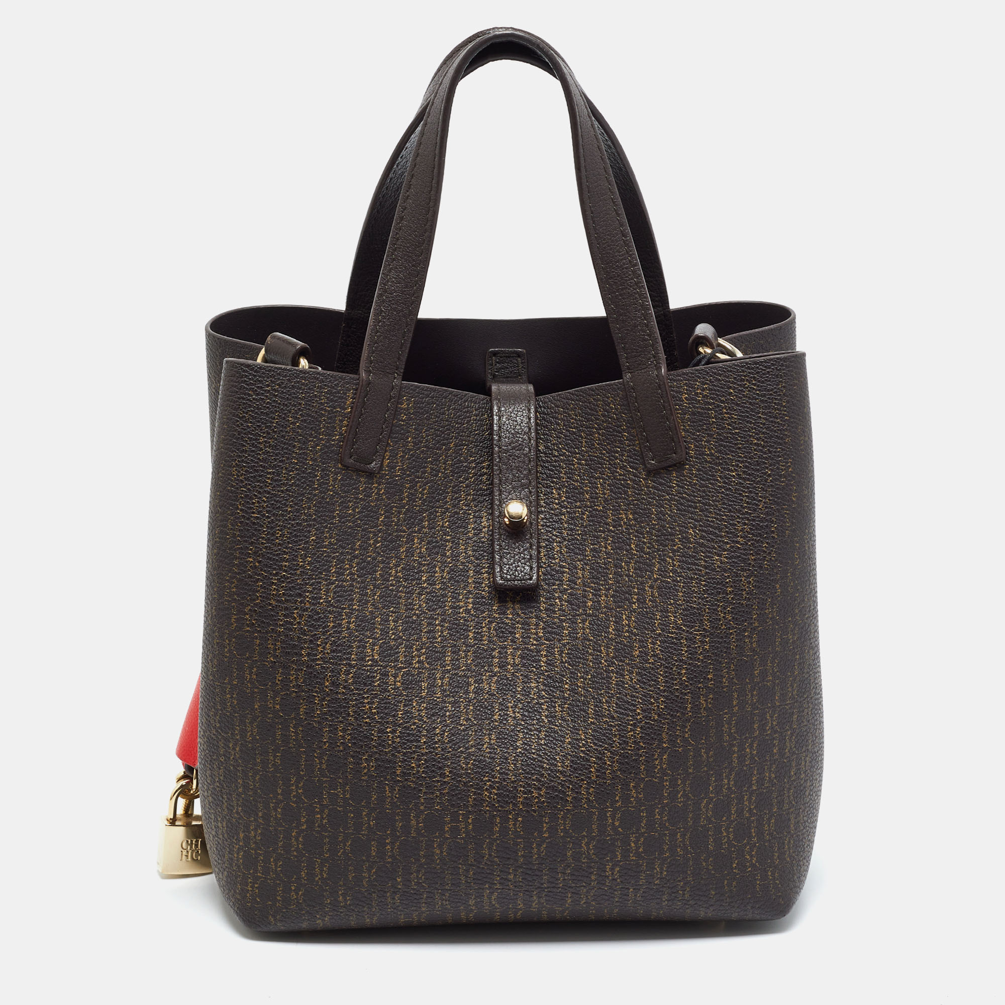 Carolina Herrera Matryoshka Locked Small Brown Monogram Coated Canvas Tote