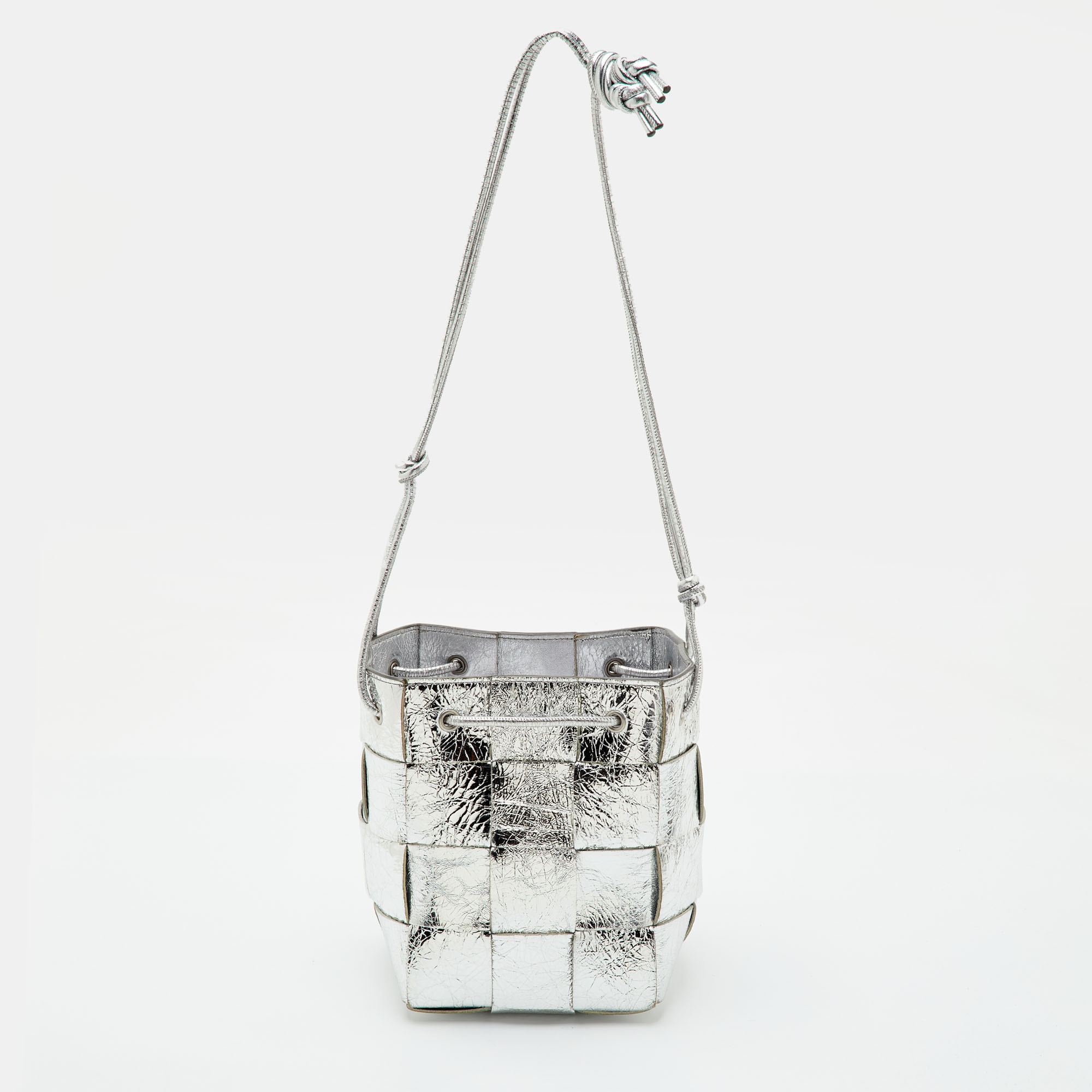 Bottega Veneta Cassette Small Silver Metallic Leather Drawstring Bucket Bag