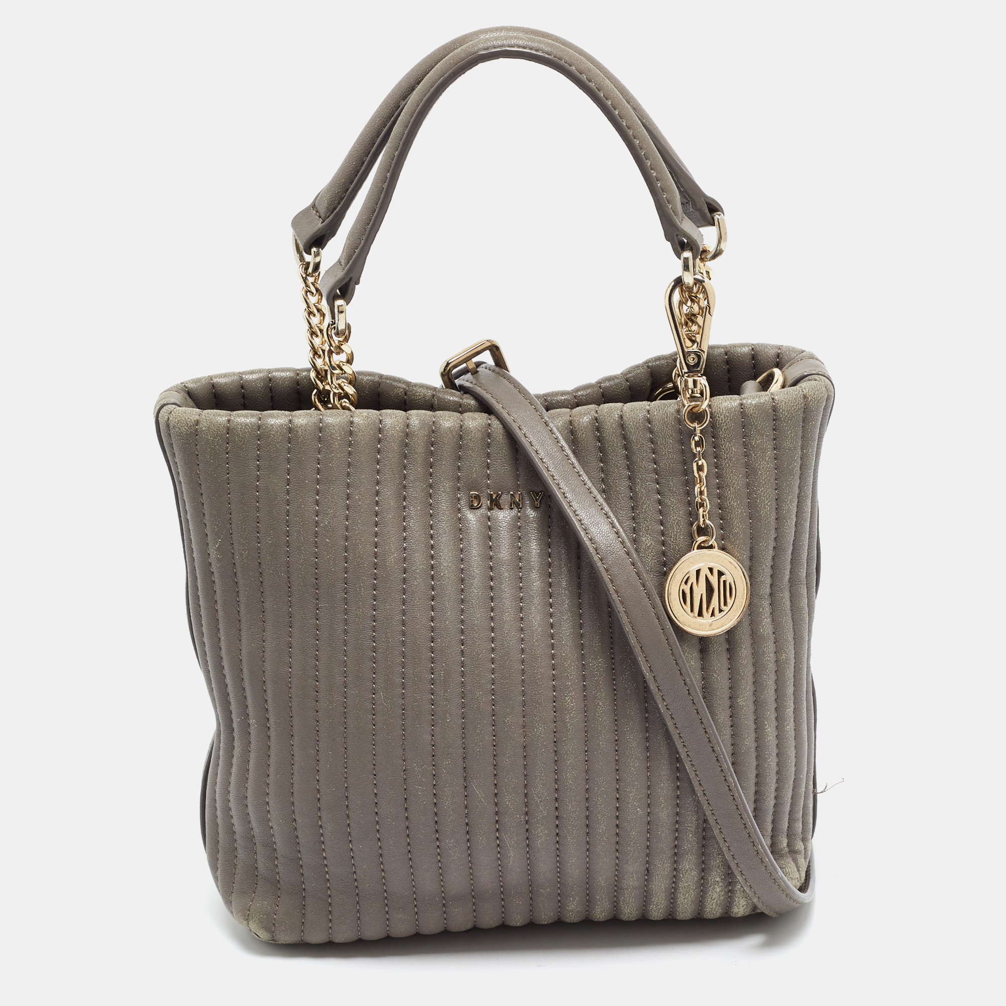 Dkny Stripe Effect Grey Quilted Leather Tote