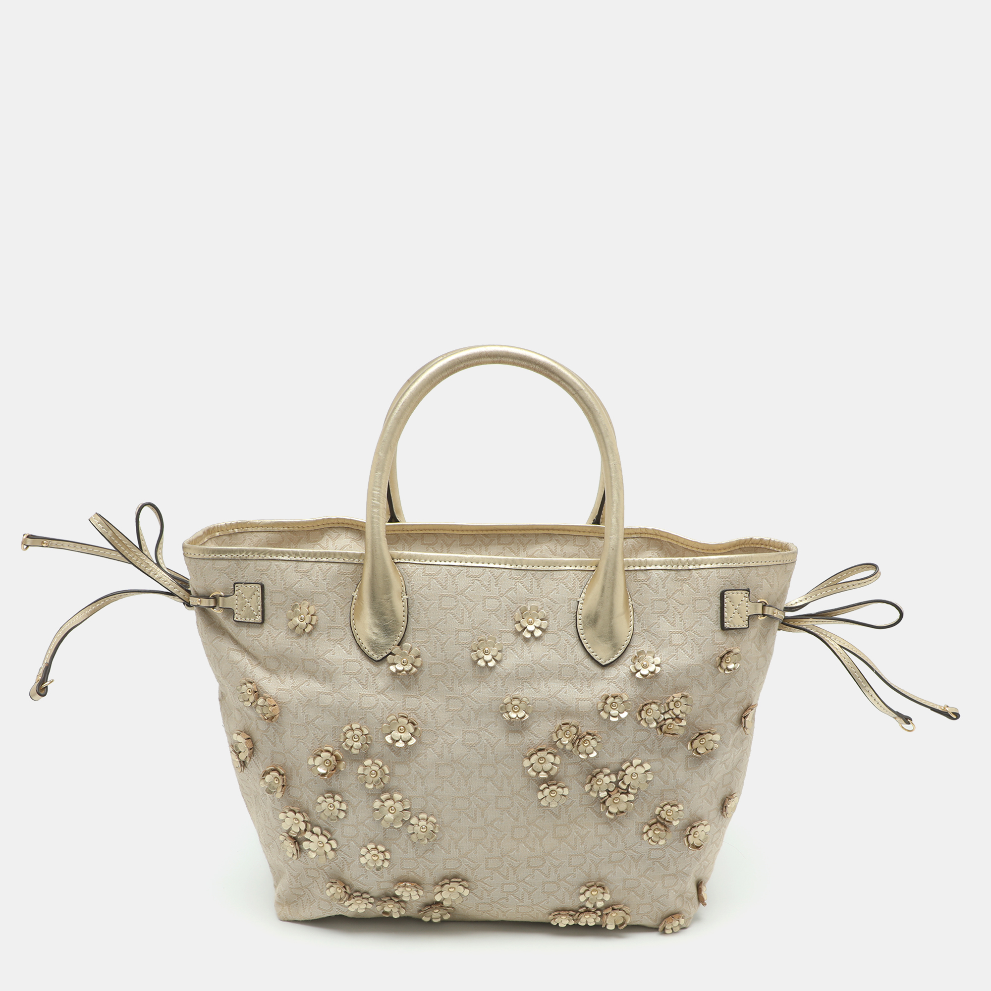 Dkny Beige/Gold Signature Canvas and Leather Floral Embellished Tote