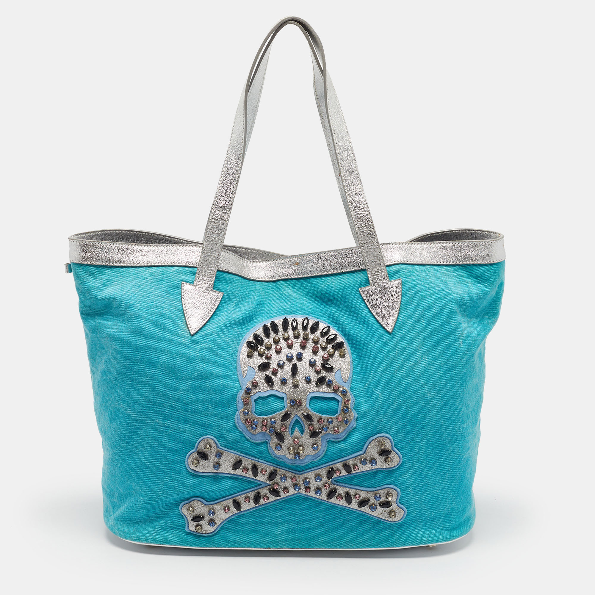 Philipp Plein Crystal Embellished Skull Silver/Blue Canvas and Leather Tote