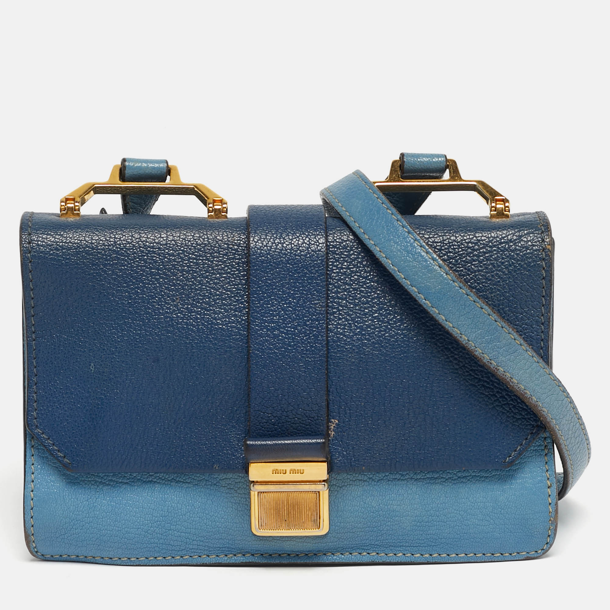 Miu Miu Two Tone Blue Madras Leather Flap Crossbody Bag