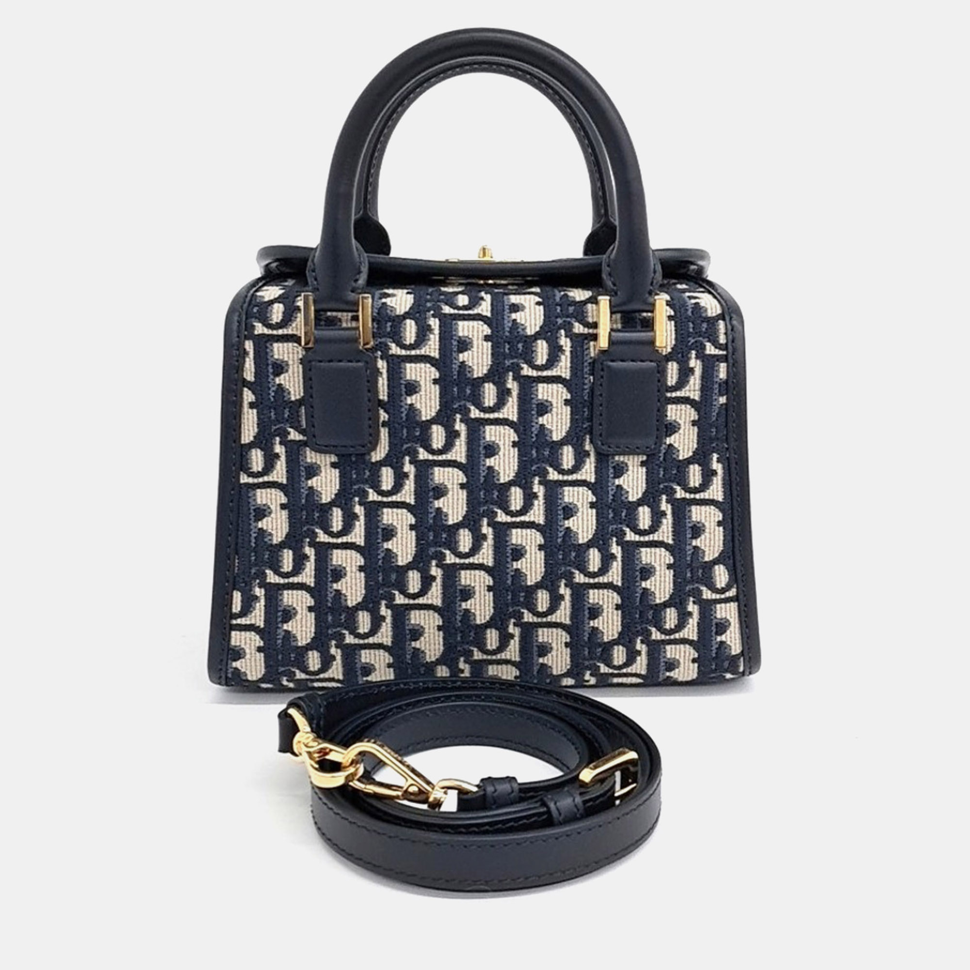 Christian Dior Boston Small Beige Navy Blue Oblique Canvas Leather Top Handle Bag