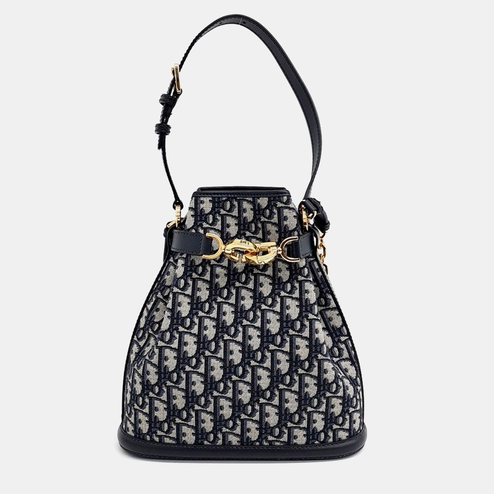 Christian Dior Oblique Se Dior Medium Navy Blue Beige Oblique Canvas Calfskin Leather Bucket Bag
