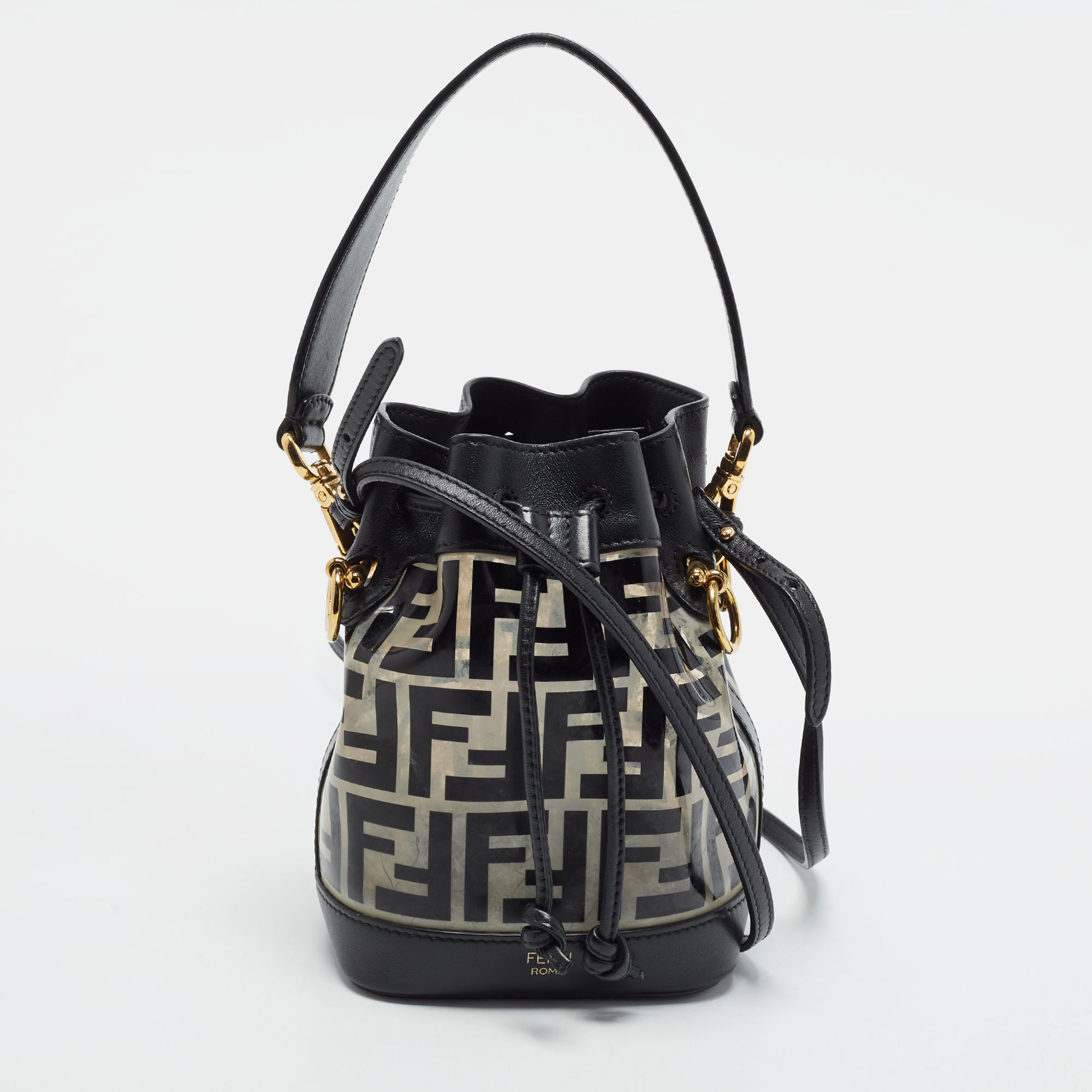 Fendi Mon Tresor Mini Transperent/Black Zucca PVC and Leather Drawstring Bucket Bag