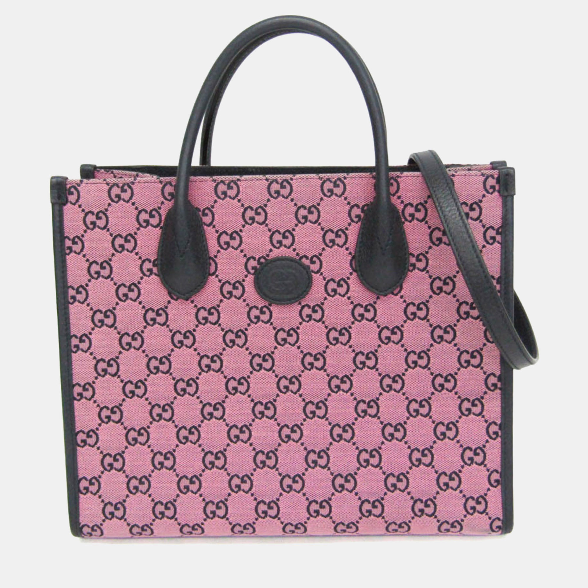 Gucci Interlocking G Small Pink Dark Navy GG Canvas Leather Tote Bag