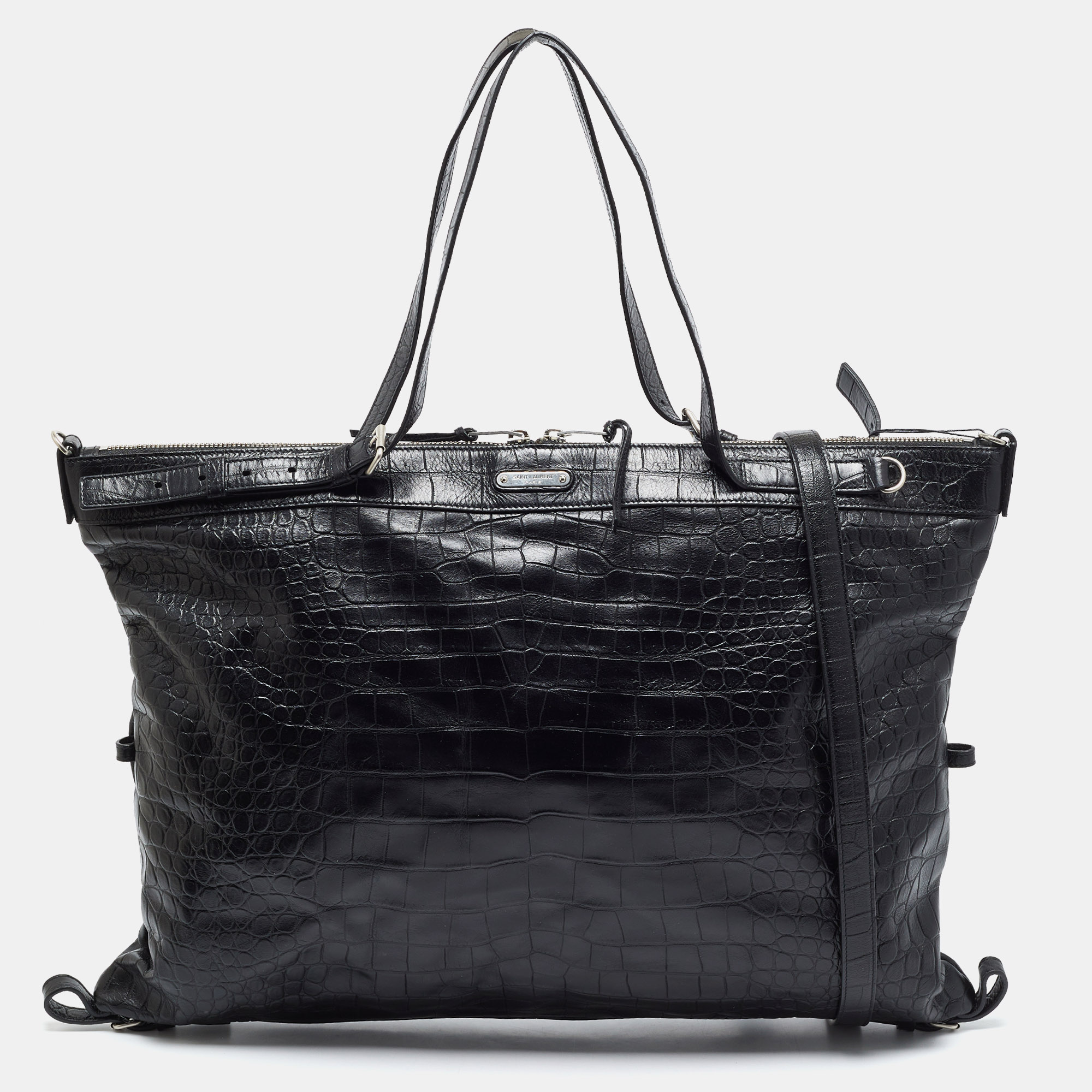 Saint Laurent Convertible ID Large Black Croc Embossed Leather Shopper Tote Saint Laurent Paris