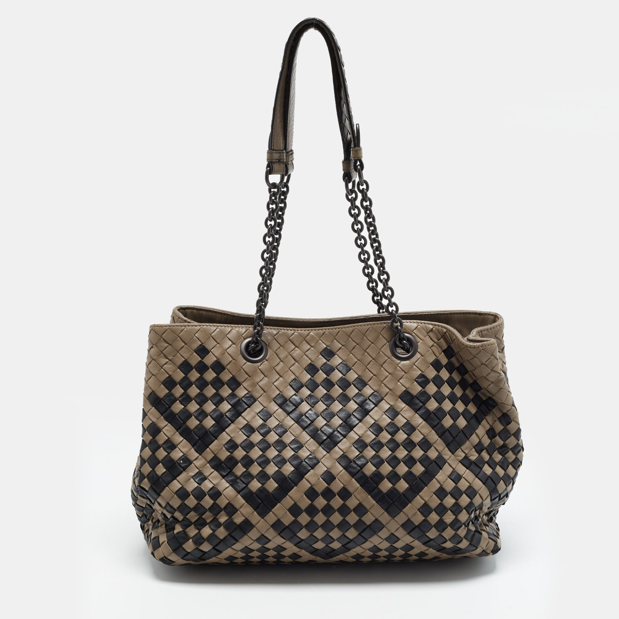 Bottega Veneta Pavone Brown/Black Intrecciato Leather Tote
