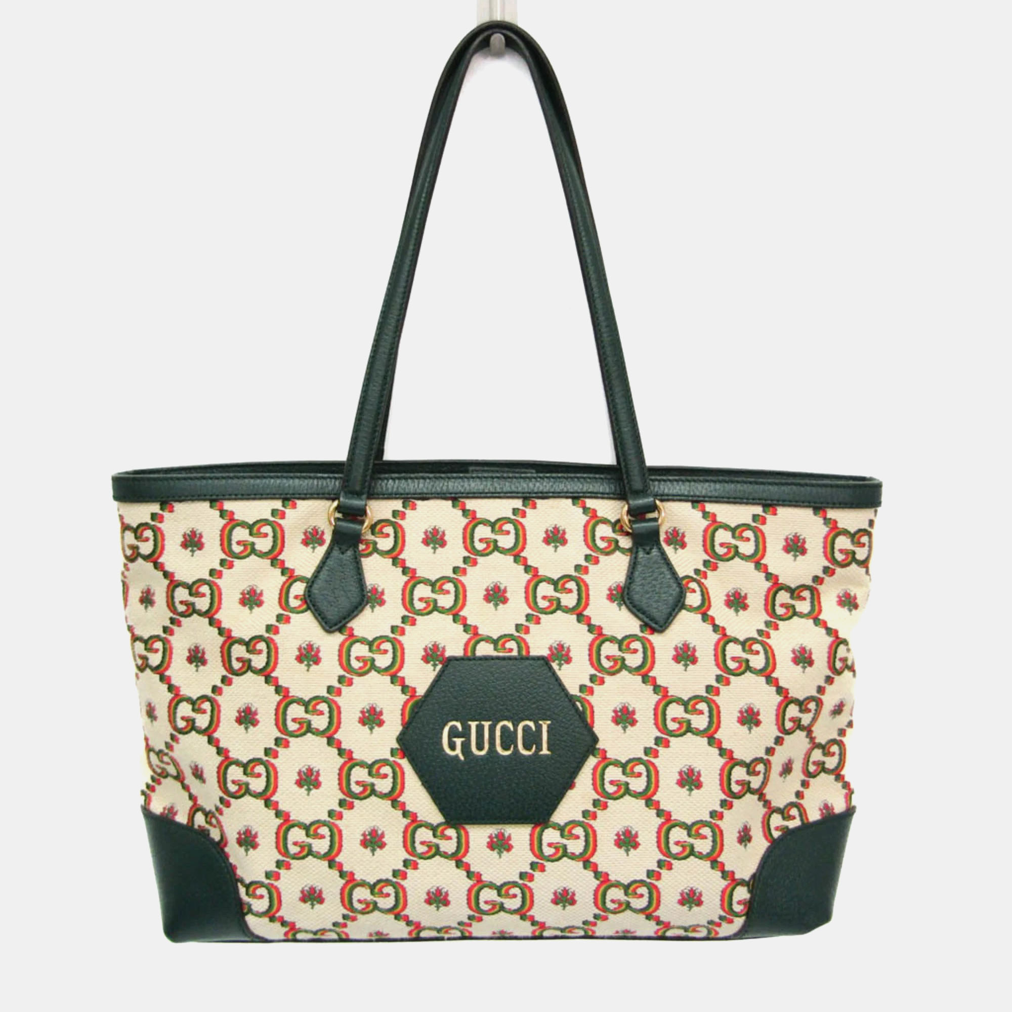 Gucci Centennial 100 Ophidia Medium Green Beige Canvas Leather Tote Bag